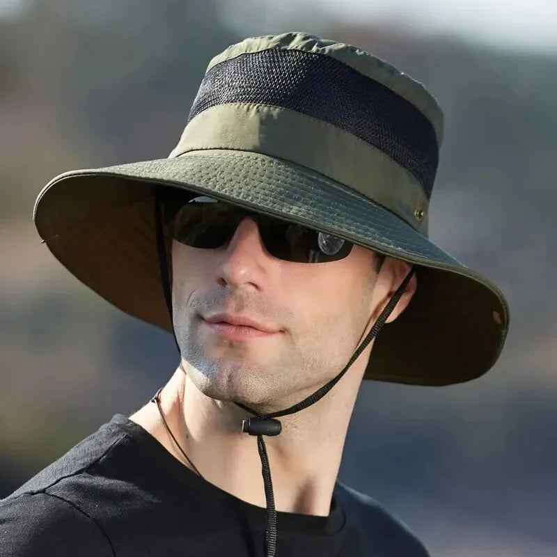Wide brim outdoor sun hat with UV protection and mesh vents