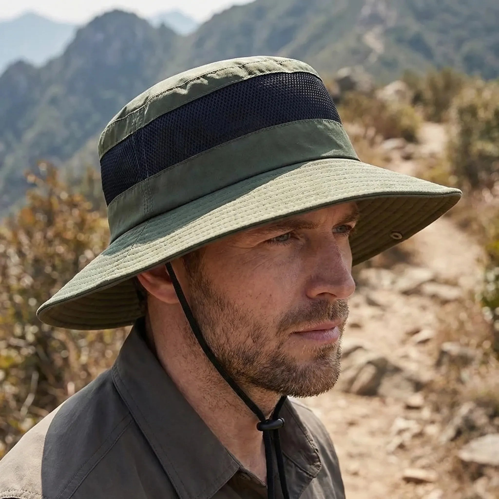 Wide brim outdoor sun hat with UV protection and mesh vents