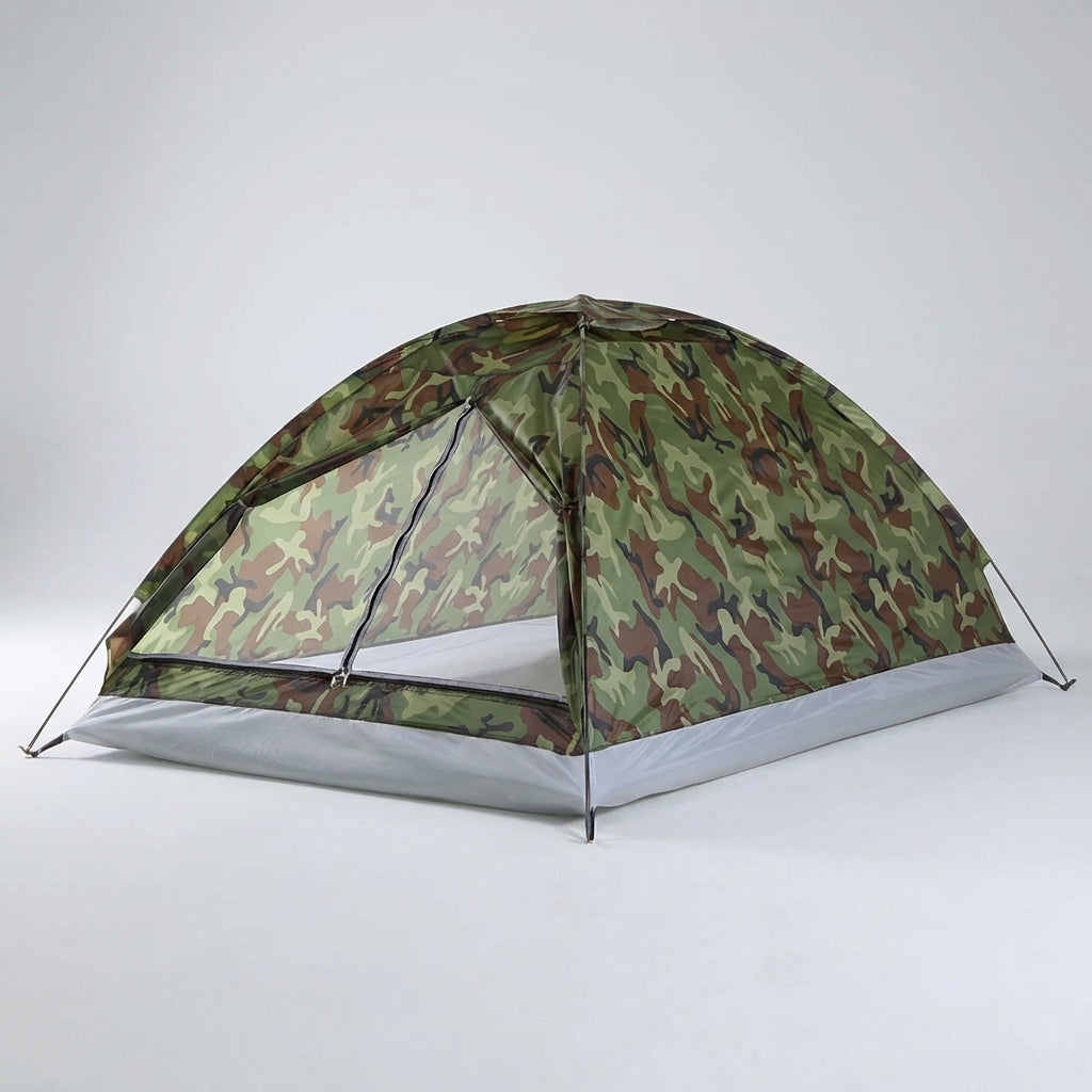 Lightweight two-person dome tent with camouflage pattern for camping