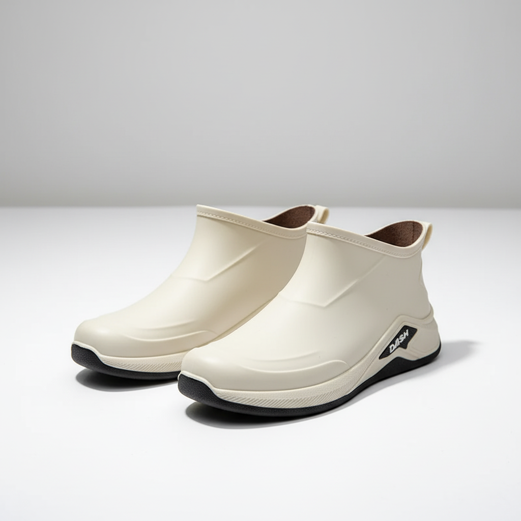 Waterproof rain boots with low ankle profile and slip resistant sole