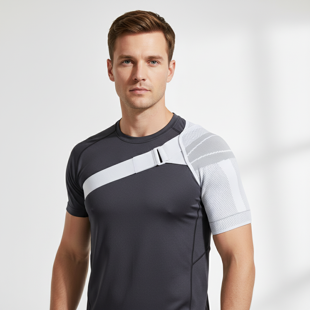Shoulder compression brace with adjustable strap and stabilization support
