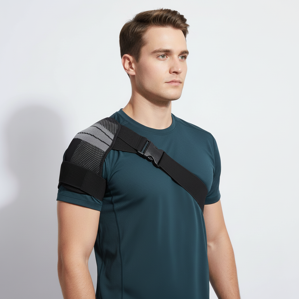 Shoulder compression brace with adjustable strap and stabilization support