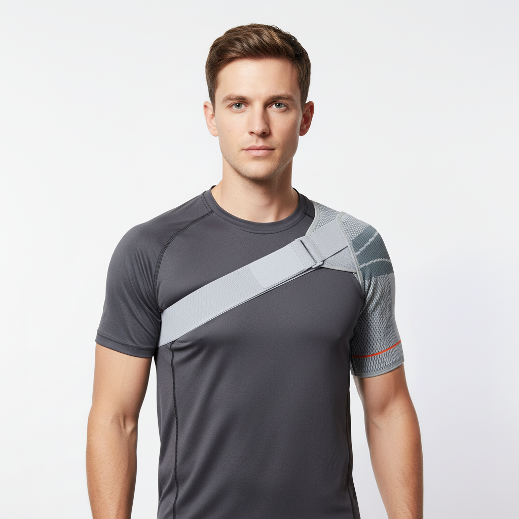 Shoulder compression brace with adjustable strap and stabilization support