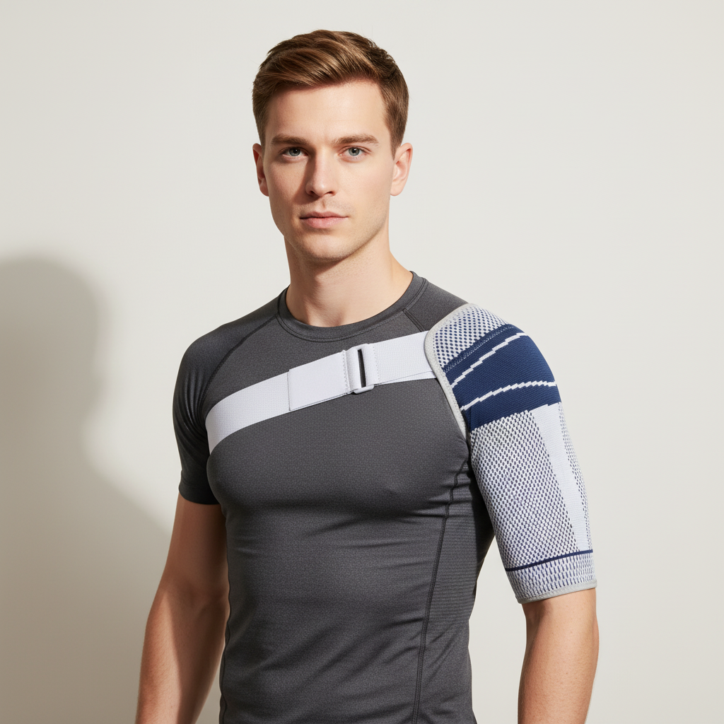 Shoulder compression brace with adjustable strap and stabilization support