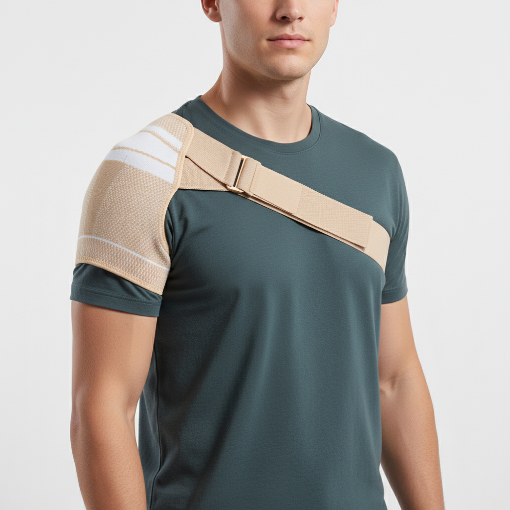 Shoulder compression brace with adjustable strap and stabilization support