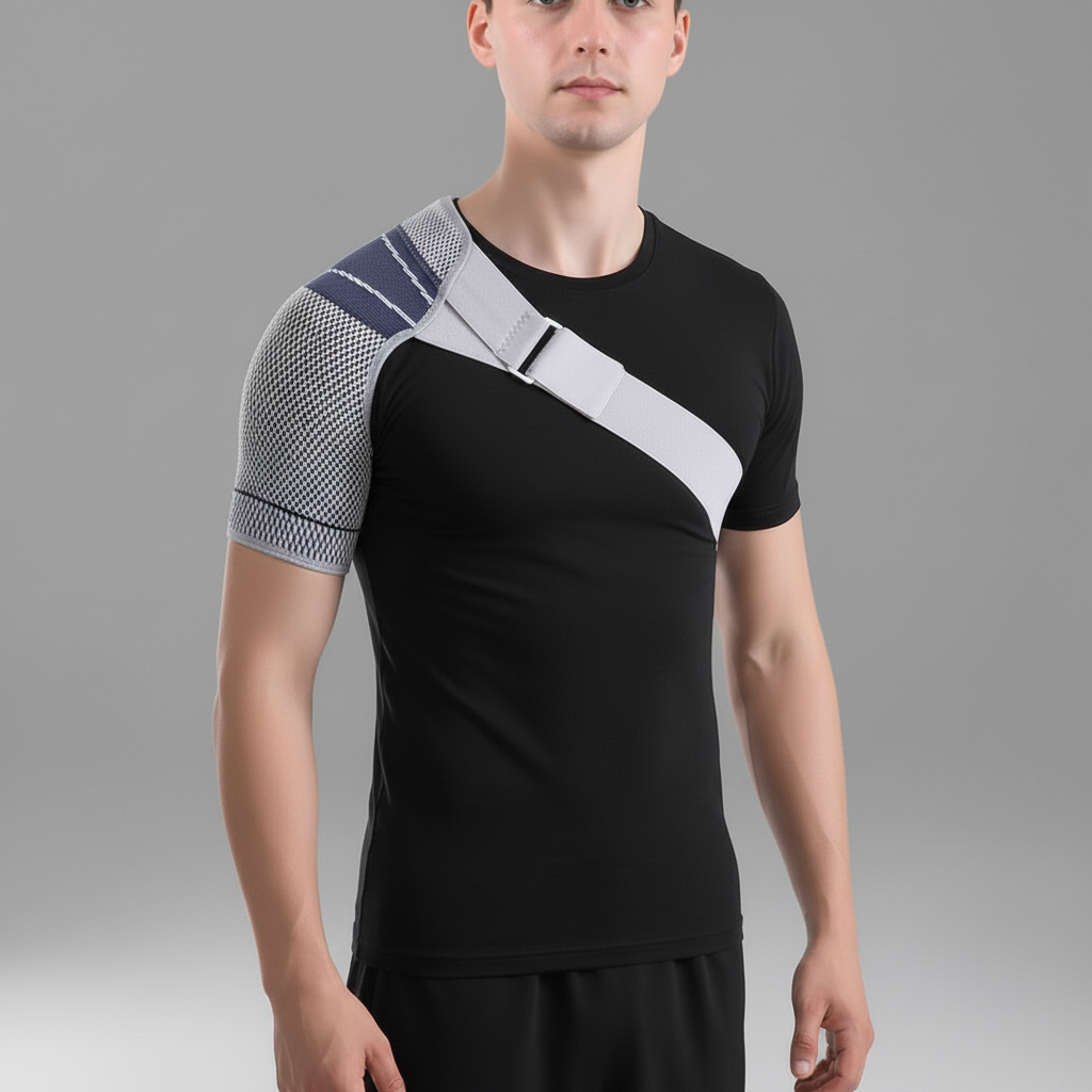 Shoulder compression brace with adjustable strap and stabilization support