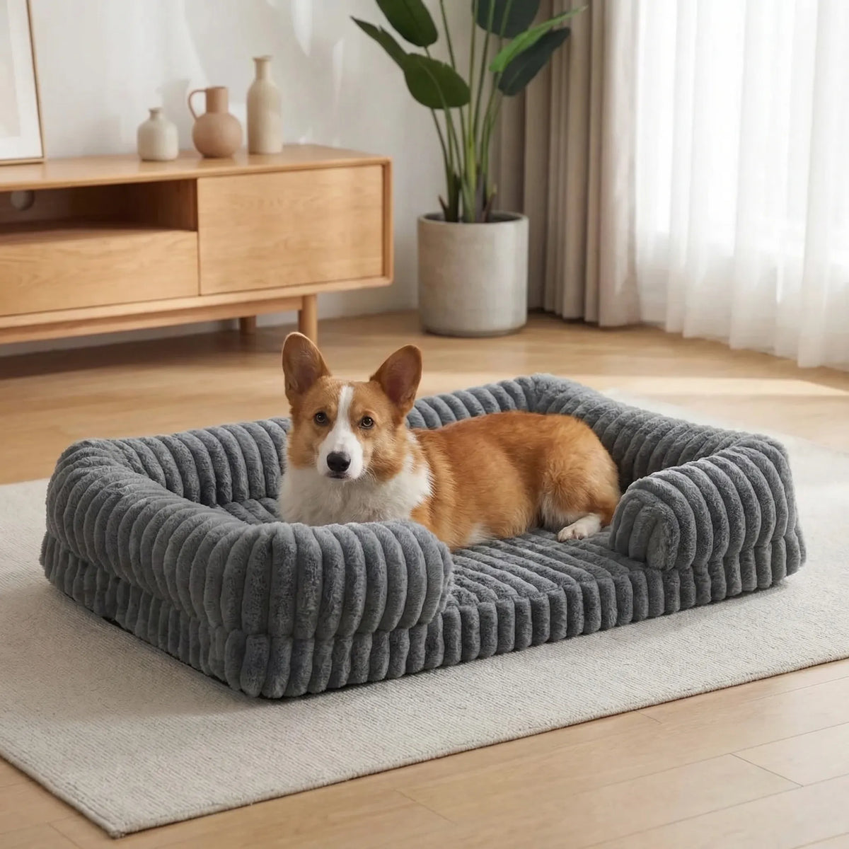 Sofa-style dog bed with plush ribbed surface and waterproof removable washable cover