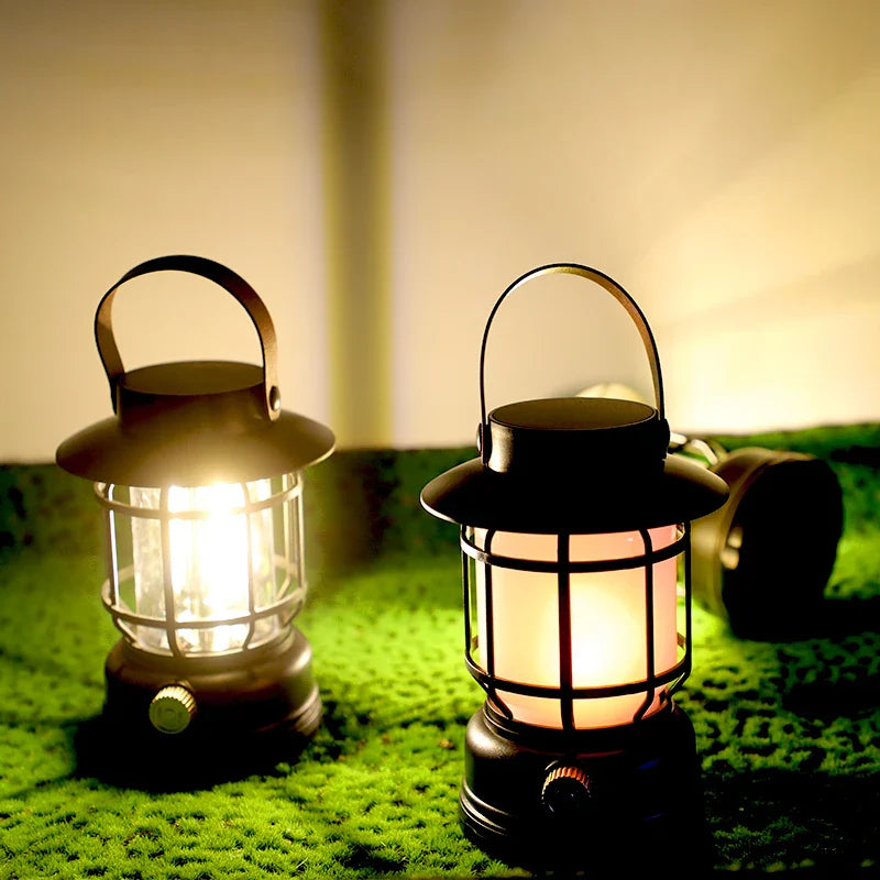 Portable LED camping lantern with 360-degree illumination and solar USB charging