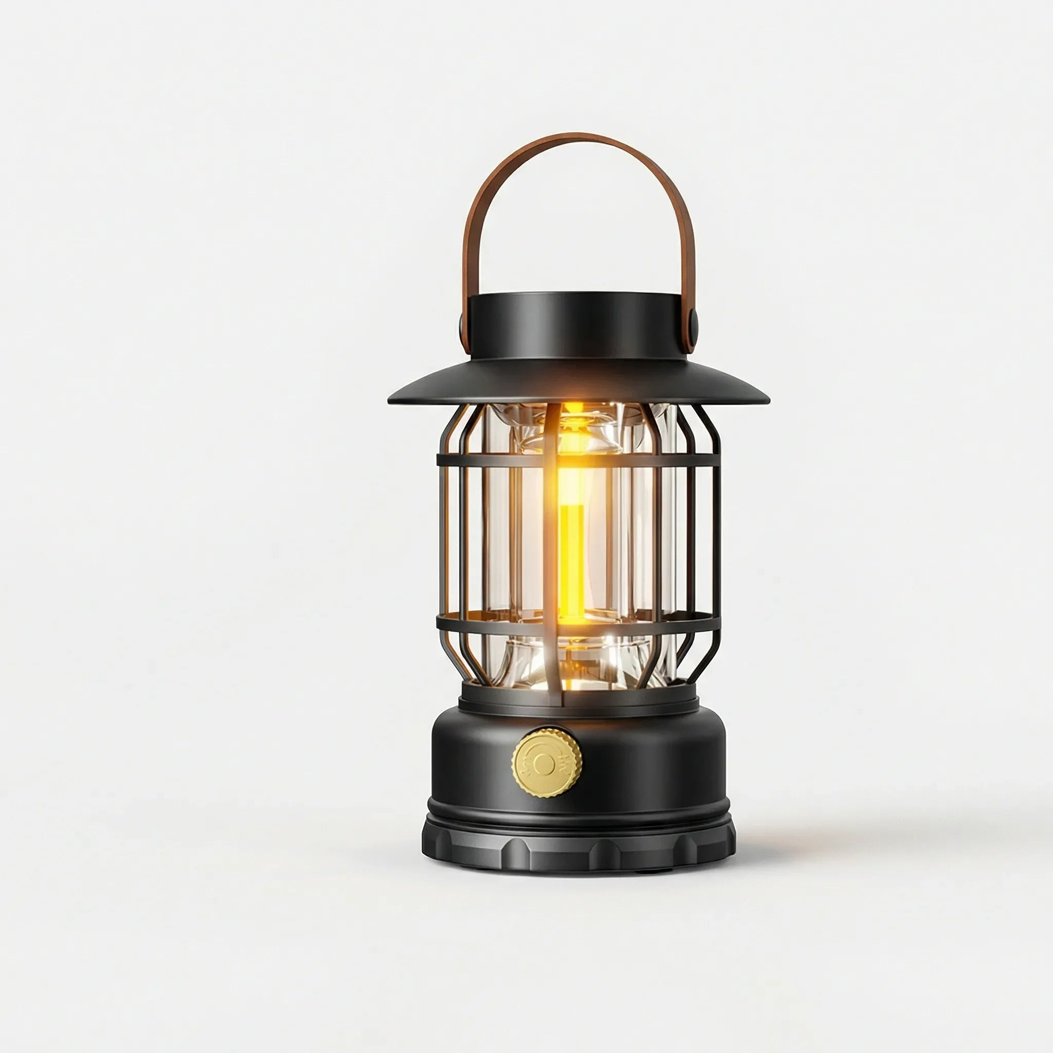 Portable LED camping lantern with 360-degree illumination and solar USB charging