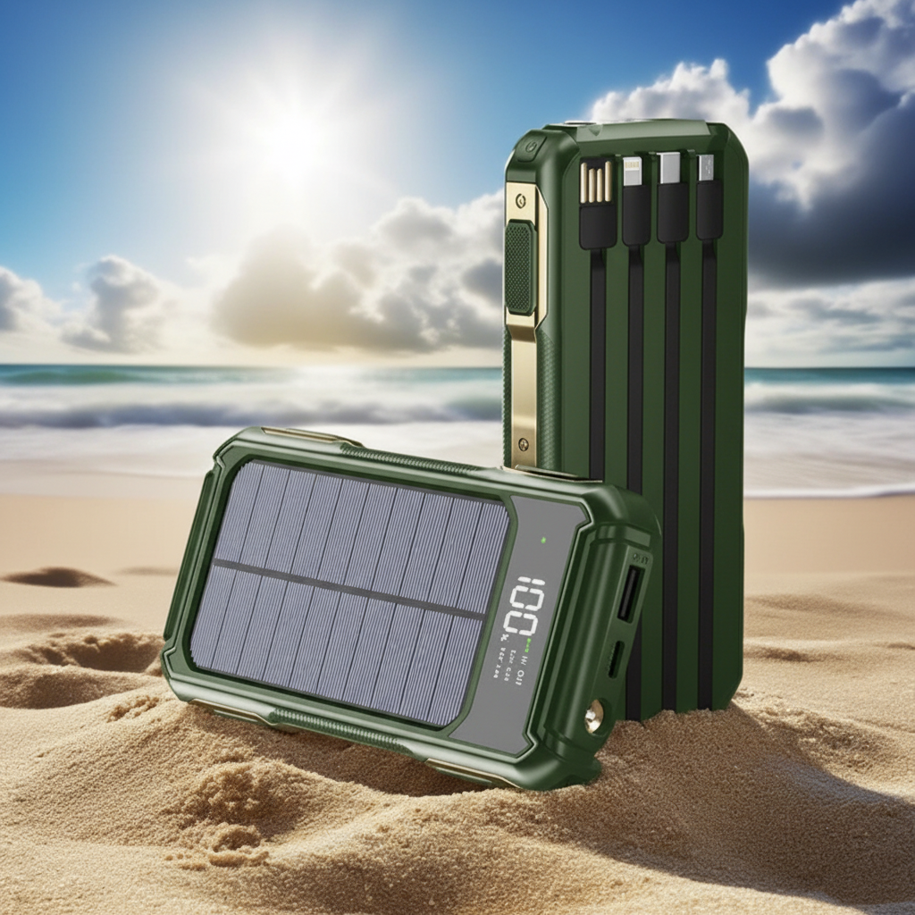 Solar power bank with built-in cables, fast charging, wireless charging capability