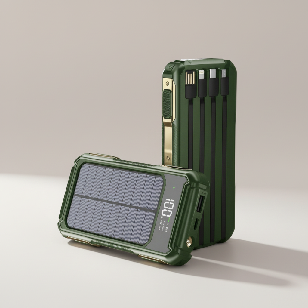 Solar power bank with built-in cables, fast charging, wireless charging capability