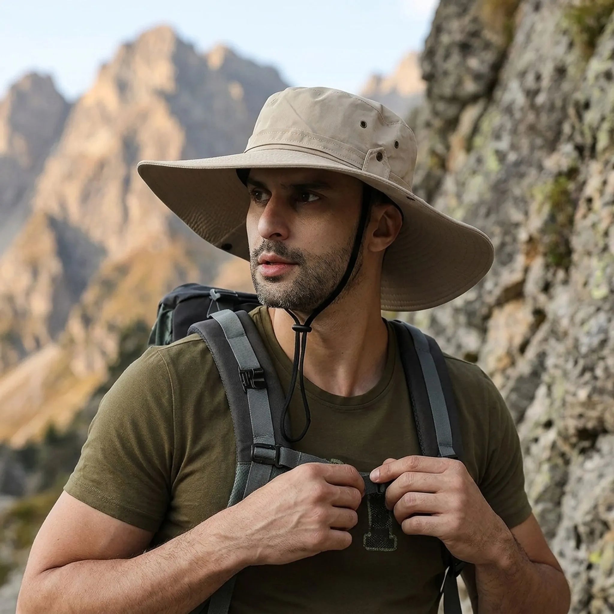 Wide-brim sun hat with ventilation eyelets and adjustable chin strap