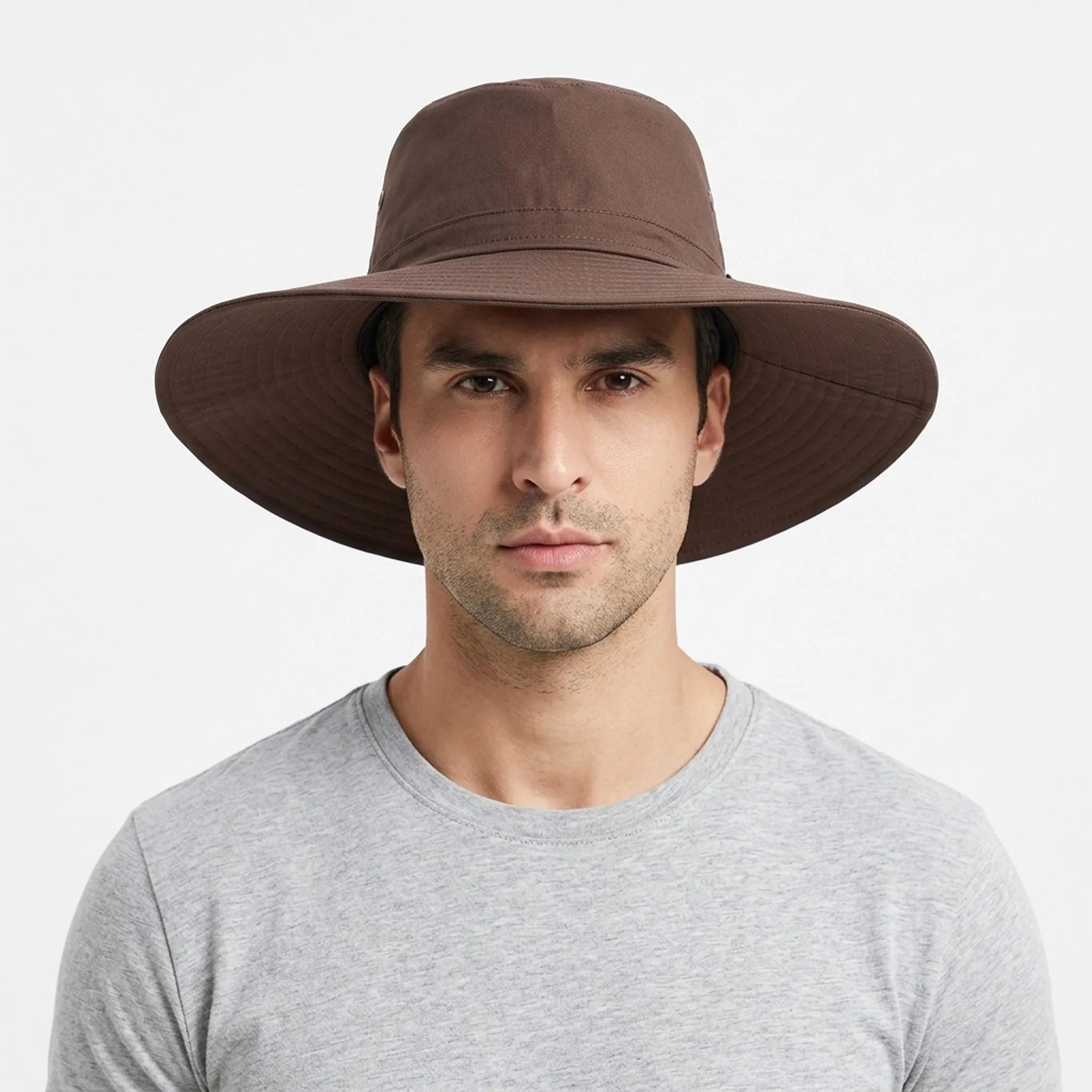 Wide-brim sun hat with ventilation eyelets and adjustable chin strap