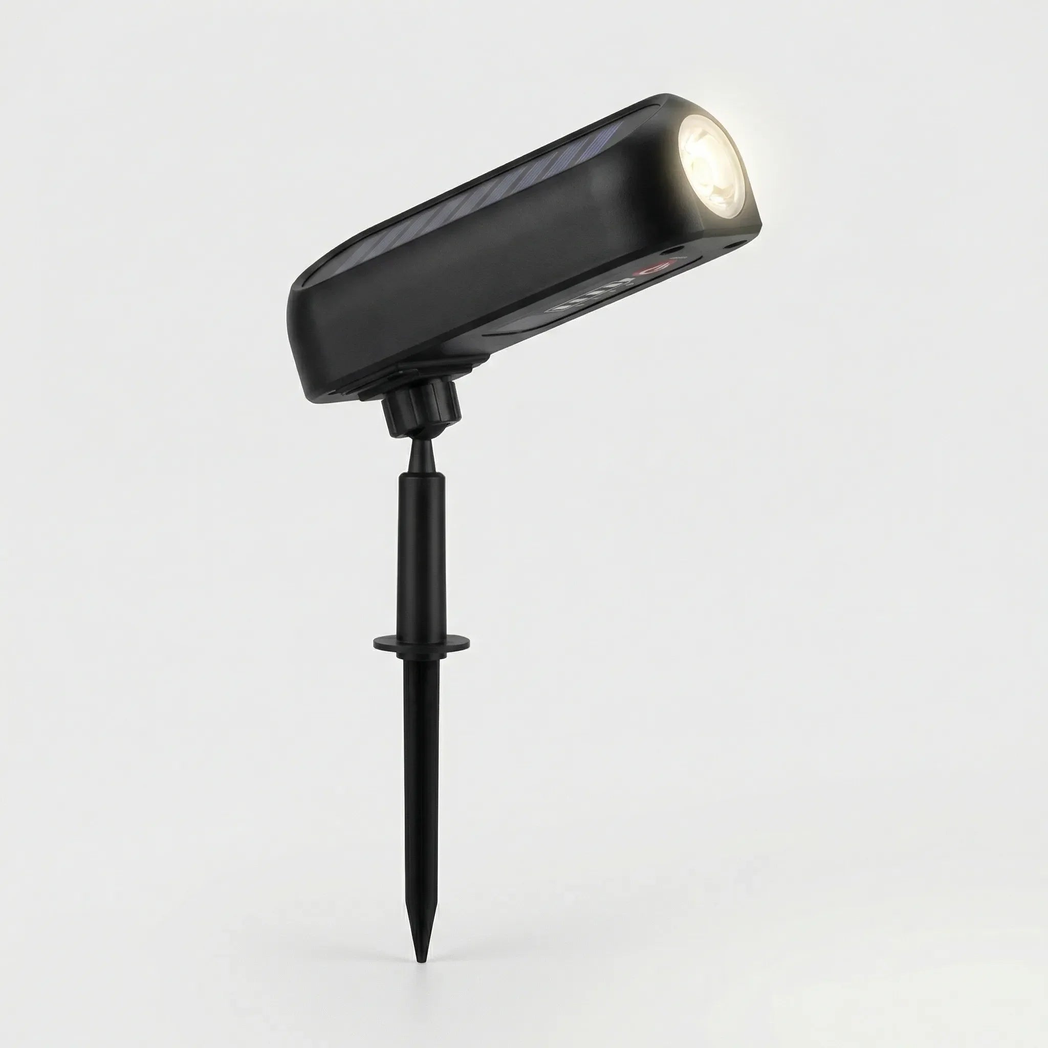 Solar-powered outdoor spotlight with adjustable beam and IP65 waterproof rating