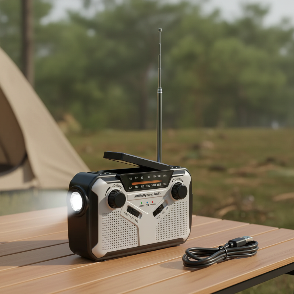 Hand crank emergency radio with solar charging and LED flashlight