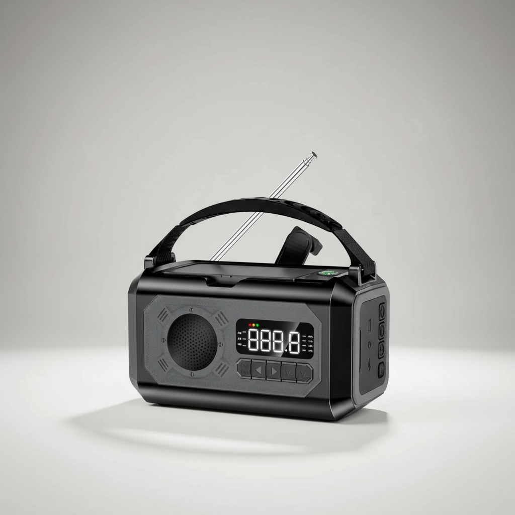 Portable emergency radio with solar panels and hand crank charging