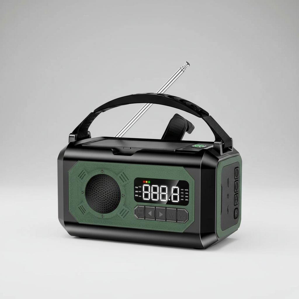 Portable emergency radio with solar panels and hand crank charging