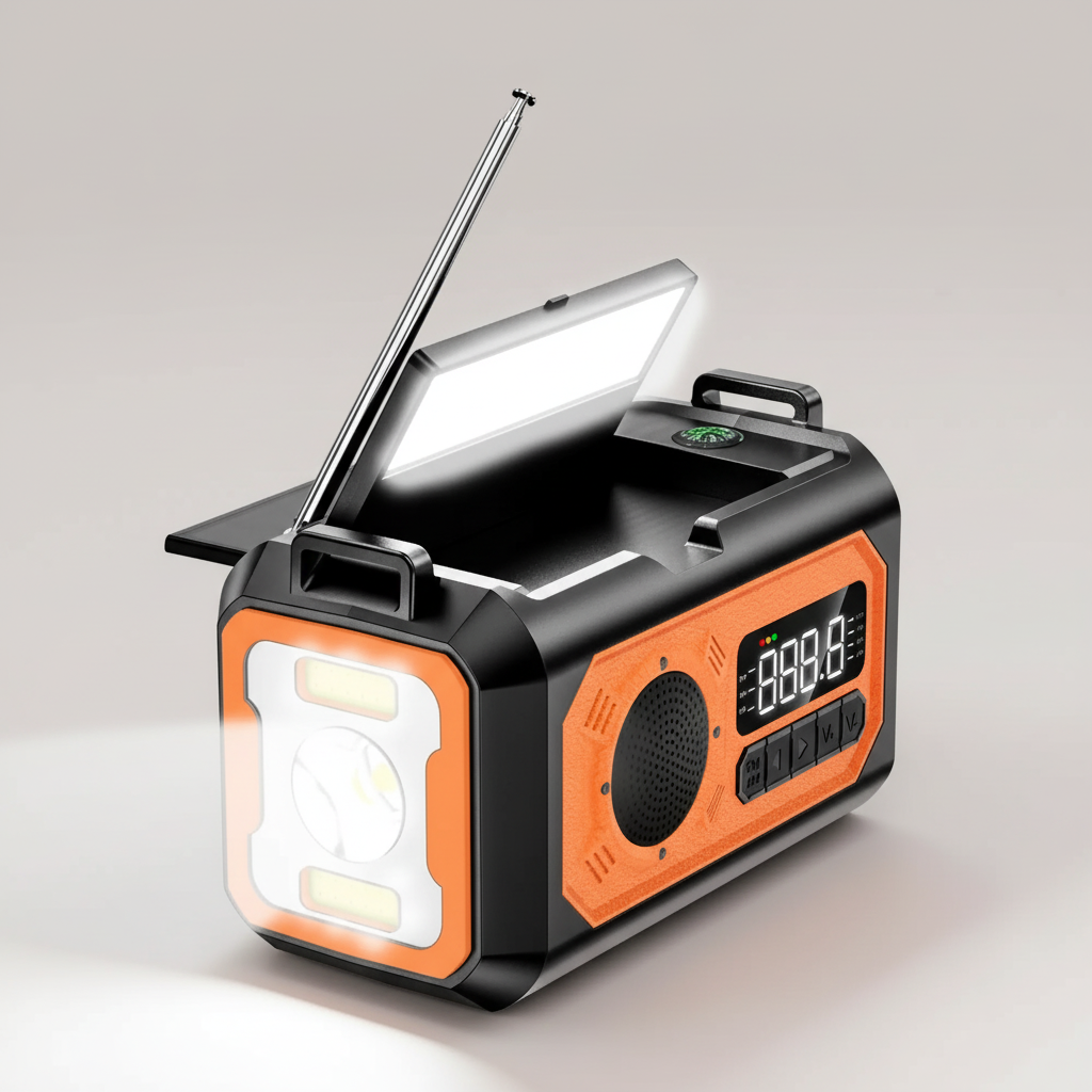 Portable emergency radio with solar panels and hand crank charging
