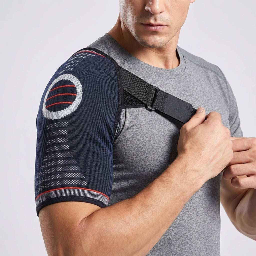 Adjustable shoulder brace with breathable stretch knit design for rotator cuff support