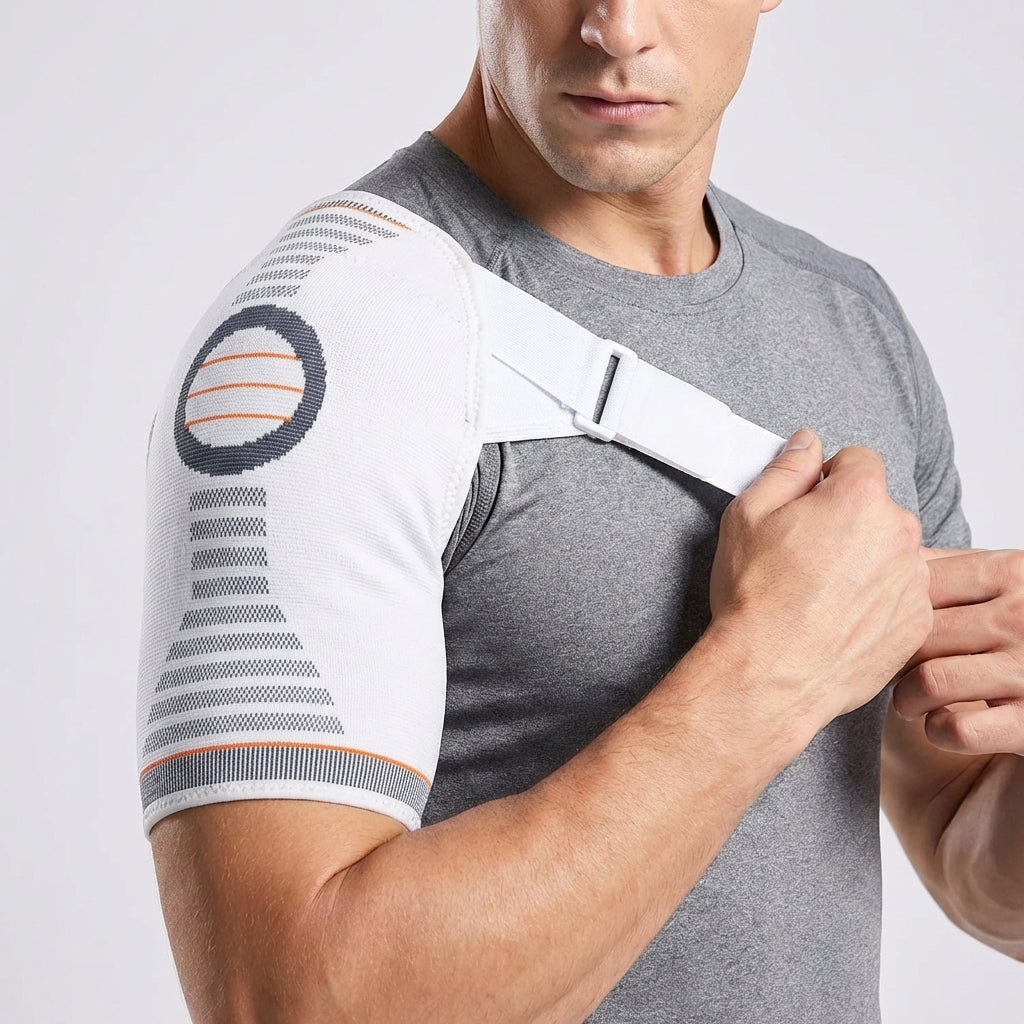 Adjustable shoulder brace with breathable stretch knit design for rotator cuff support