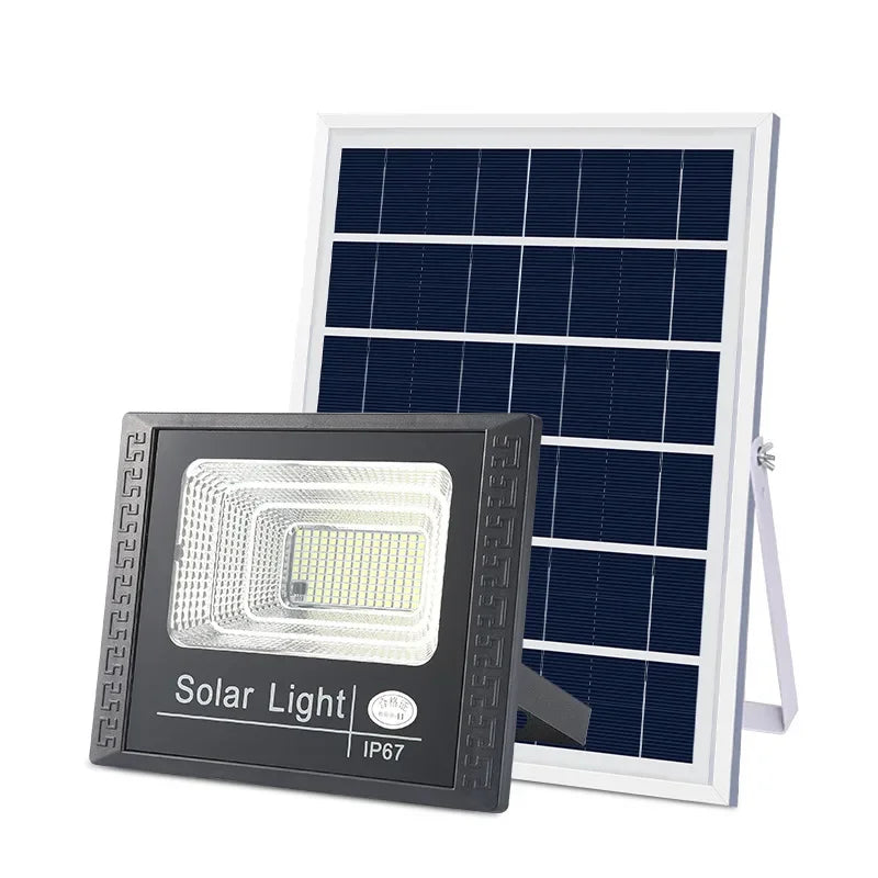 Solar-powered outdoor flood light with remote control and adjustable angle
