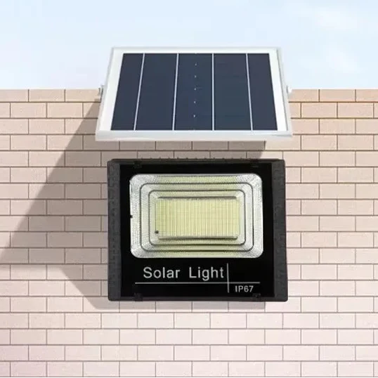 Solar-powered outdoor flood light with remote control and adjustable angle