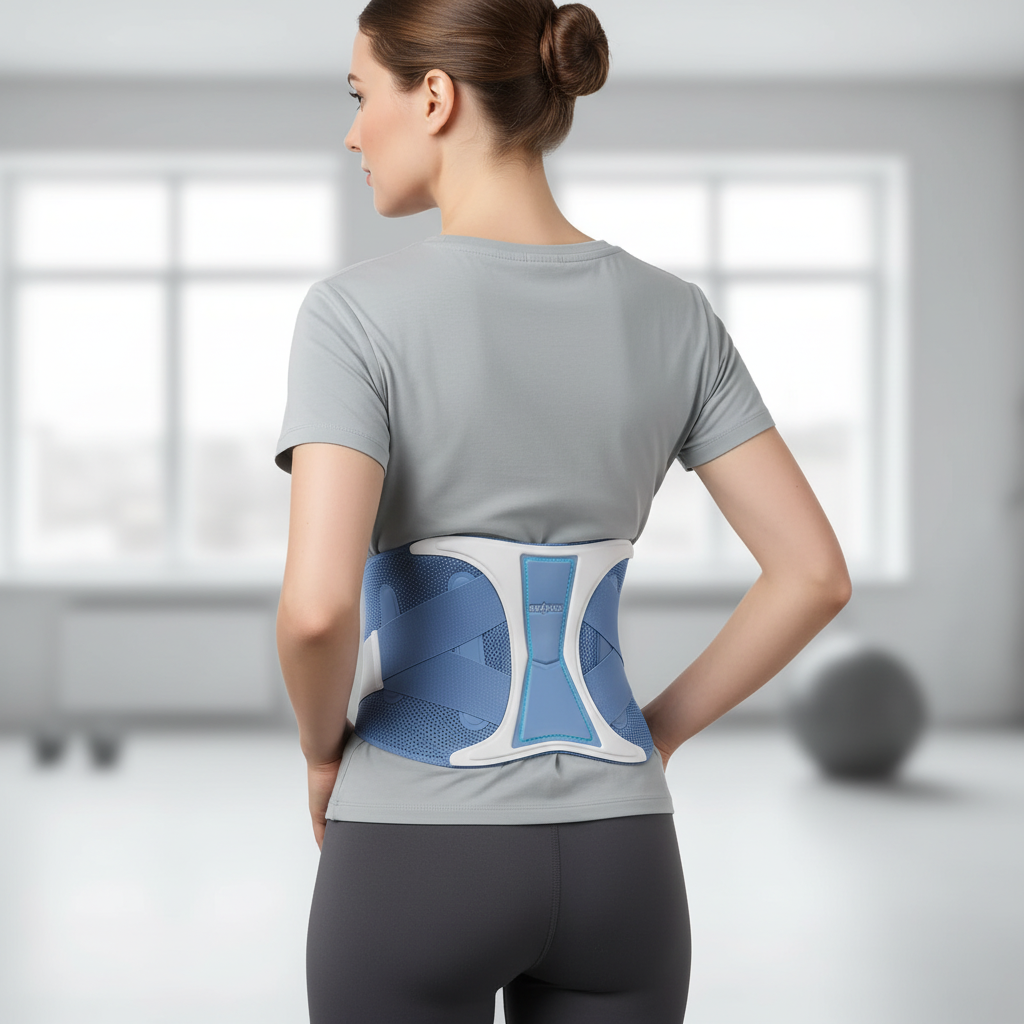 Adjustable lower back support with breathable mesh and dual-strap compression