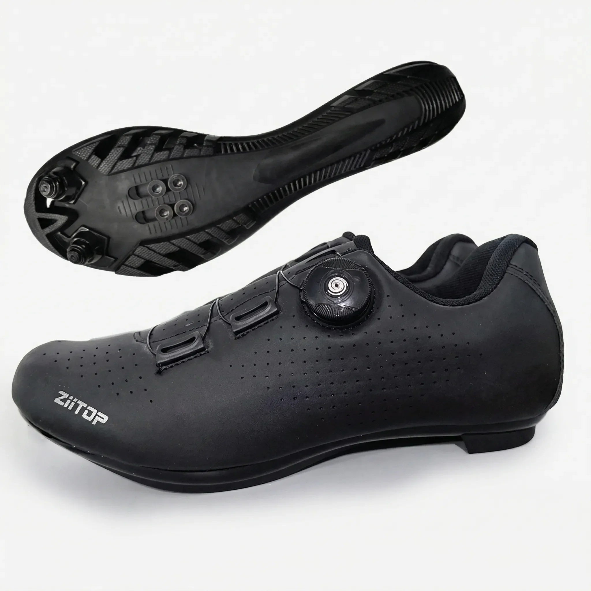 SPD-compatible cycling shoe with rotary dial closure and perforated upper