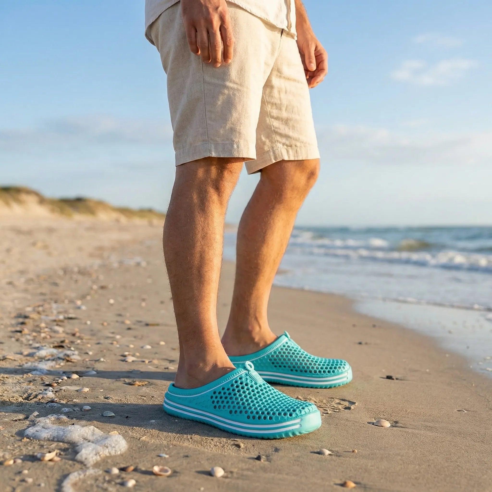 Perforated water sandals with slip-on design and quick-dry construction