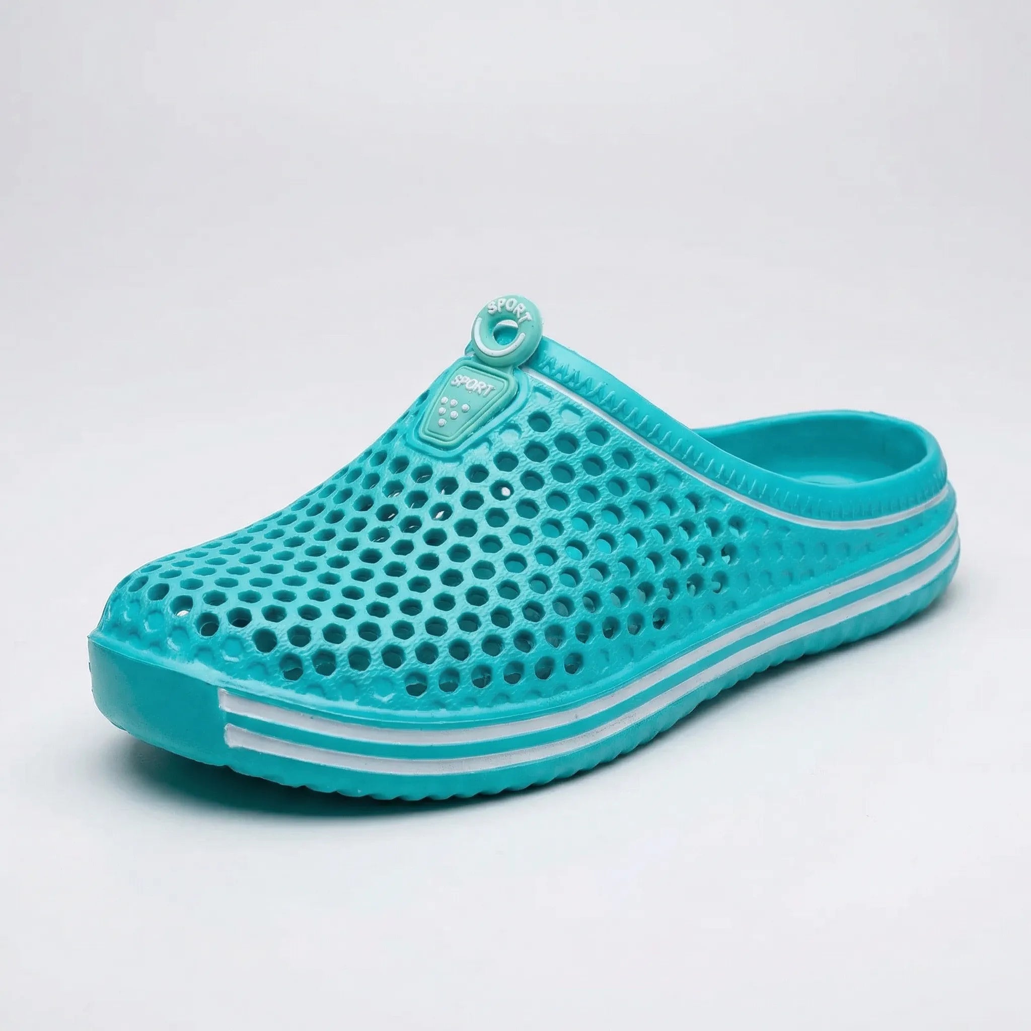 Perforated water sandals with slip-on design and quick-dry construction