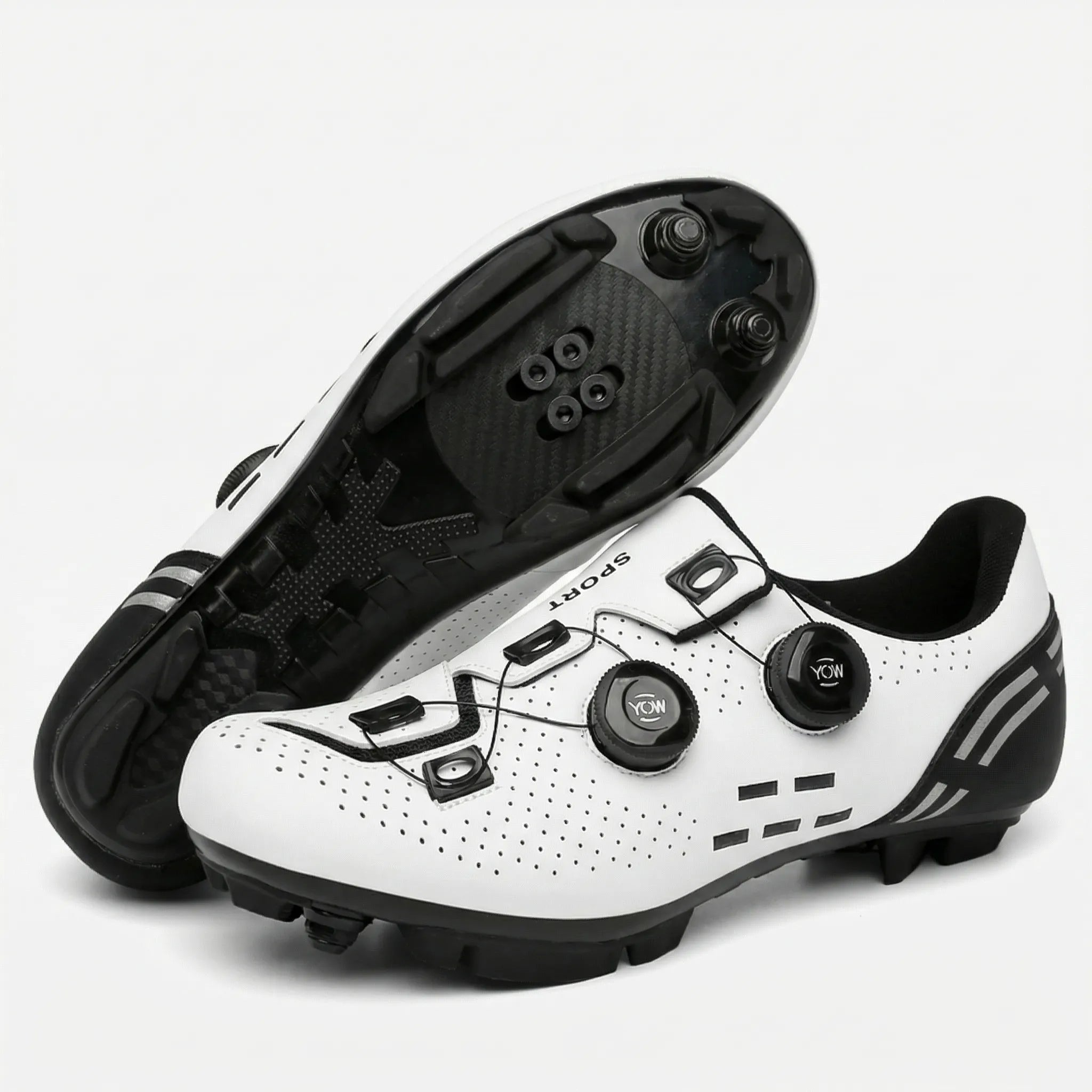 Dual-dial cycling shoe with perforated upper and non-slip sole for road and mountain biking