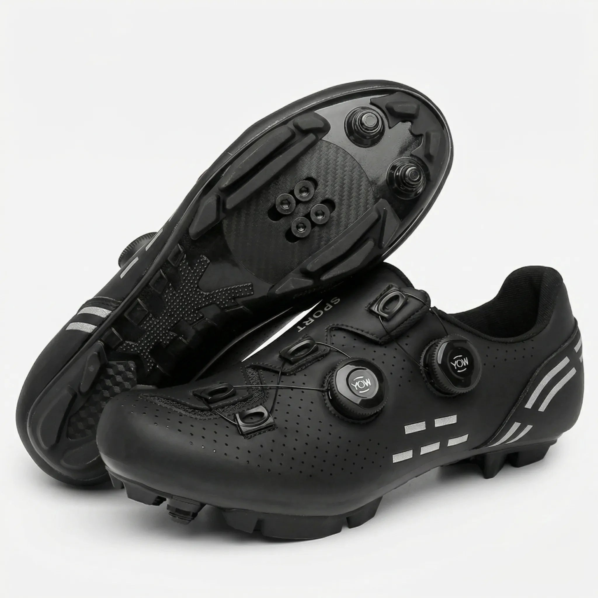 Dual-dial cycling shoe with perforated upper and non-slip sole for road and mountain biking
