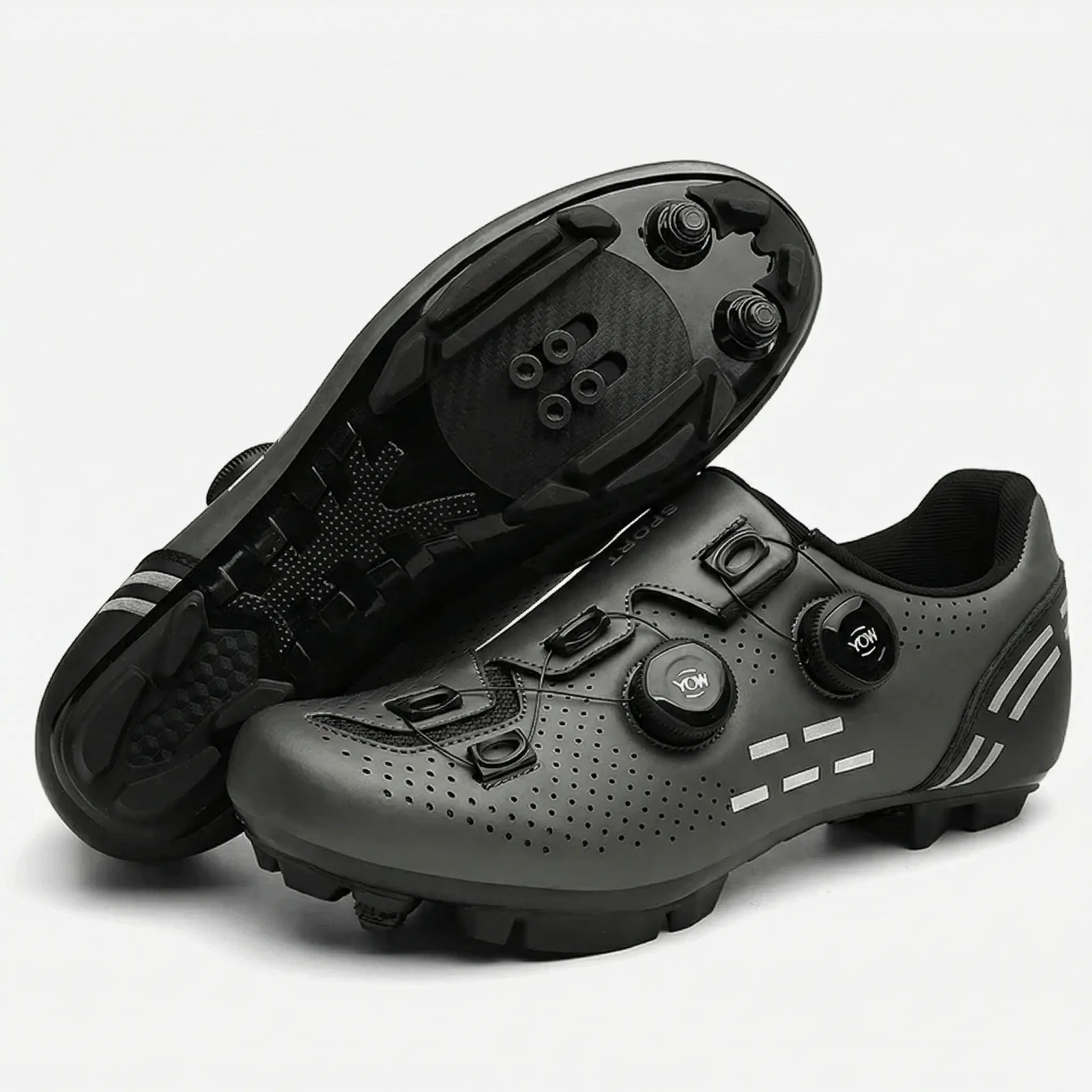 Dual-dial cycling shoe with perforated upper and non-slip sole for road and mountain biking