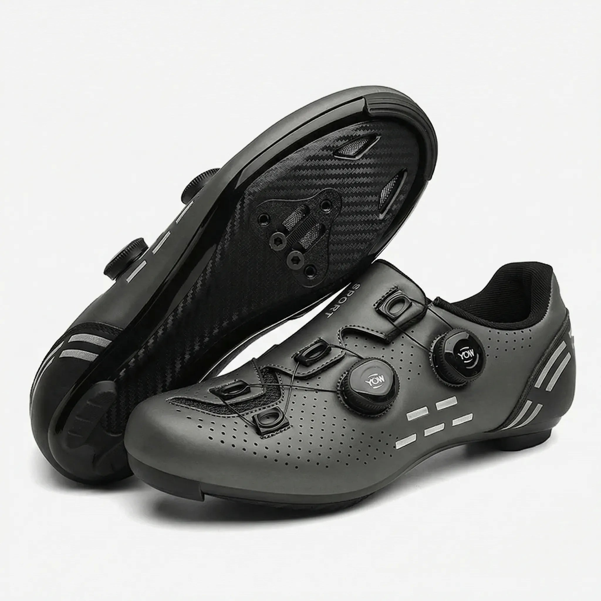 Dual-dial cycling shoe with perforated upper and non-slip sole for road and mountain biking