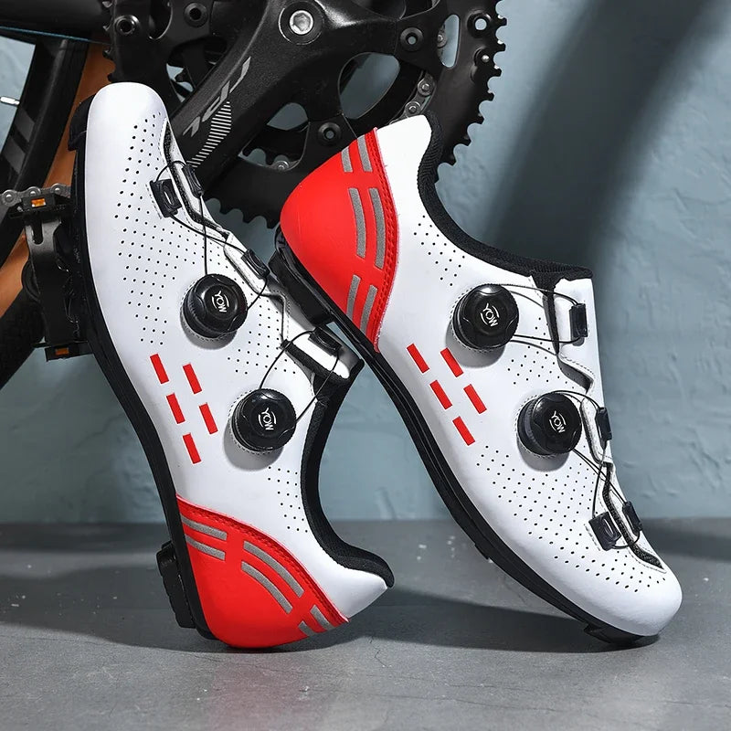 Dual-dial cycling shoe with perforated upper and non-slip sole for road and mountain biking