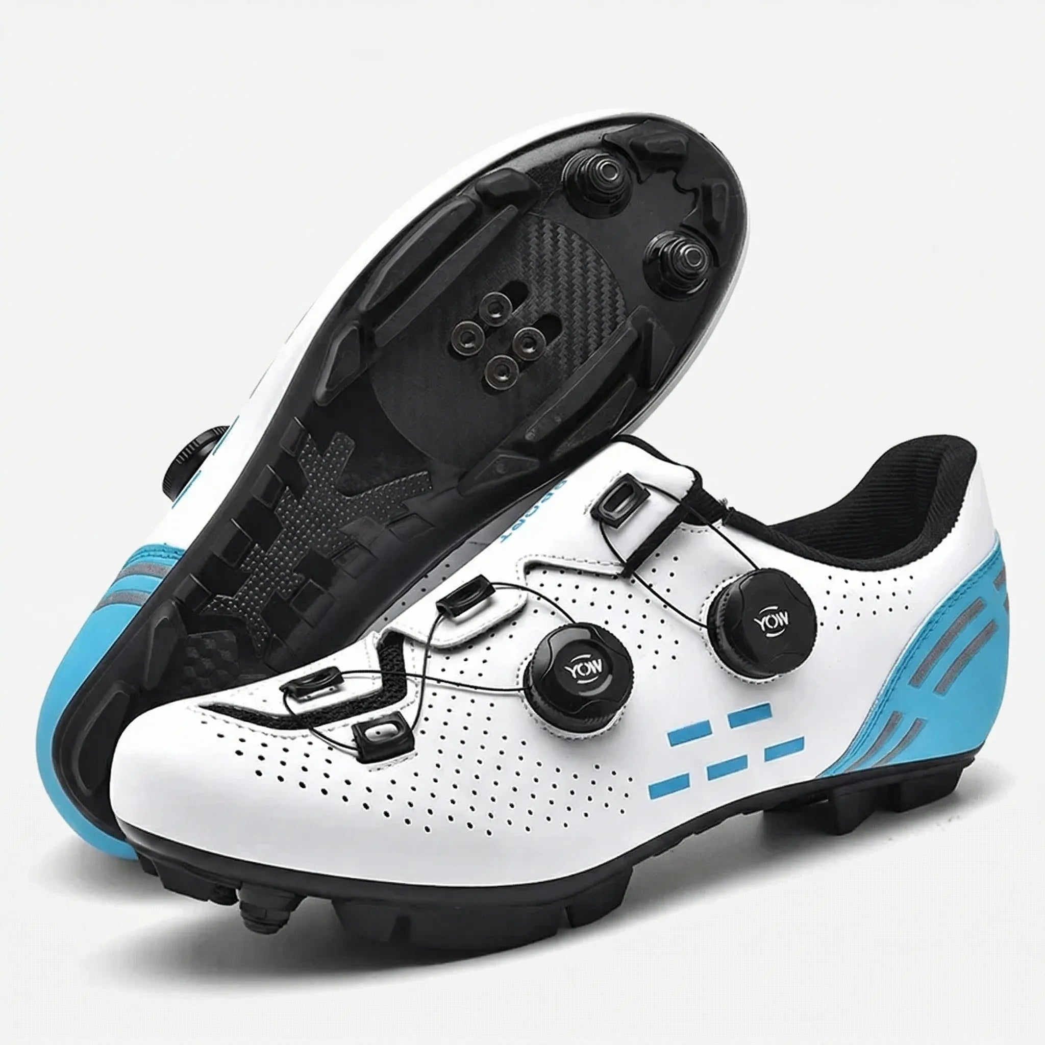 Dual-dial cycling shoe with perforated upper and non-slip sole for road and mountain biking