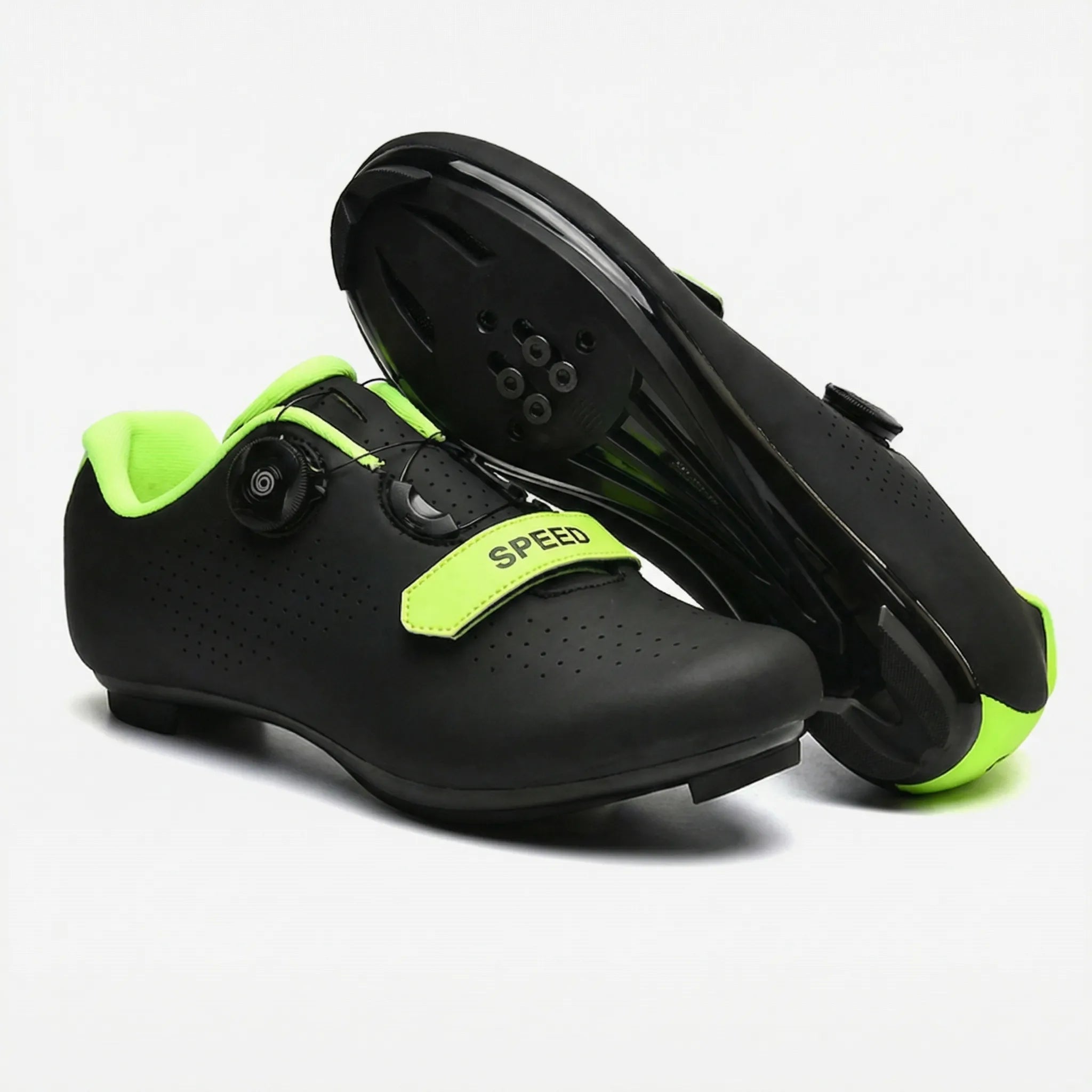 Mountain bike cycling shoe with self-locking cleat, rotary dial closure, breathable upper