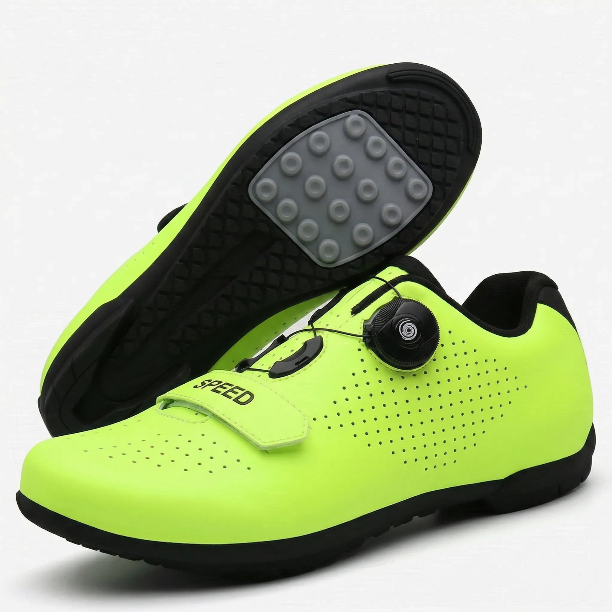 Mountain bike cycling shoe with self-locking cleat, rotary dial closure, breathable upper