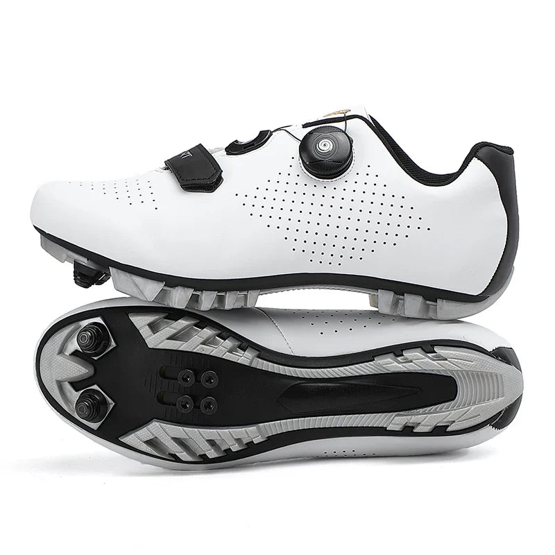 Mountain bike cycling shoe with self-locking cleat, rotary dial closure, breathable upper