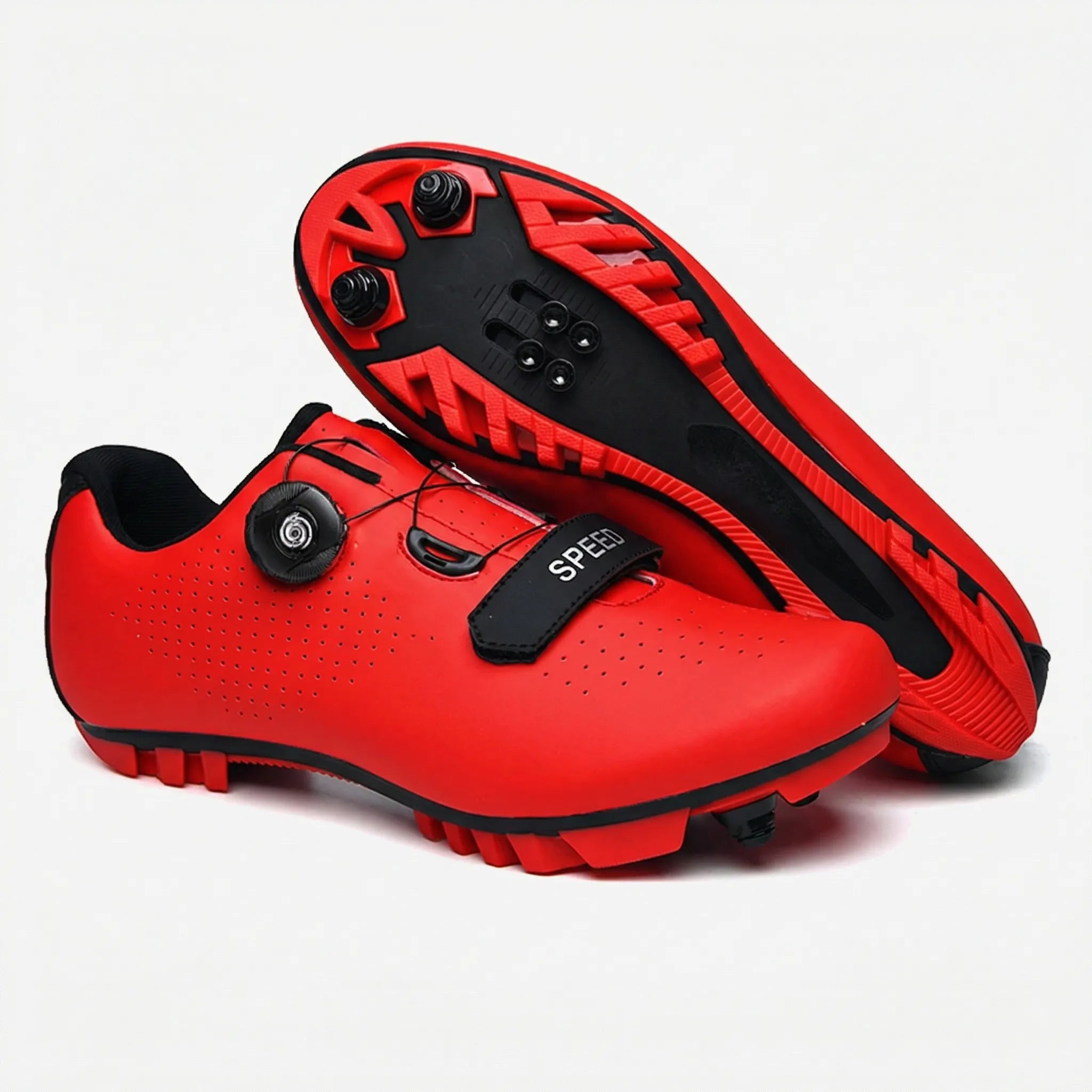 Mountain bike cycling shoe with self-locking cleat, rotary dial closure, breathable upper