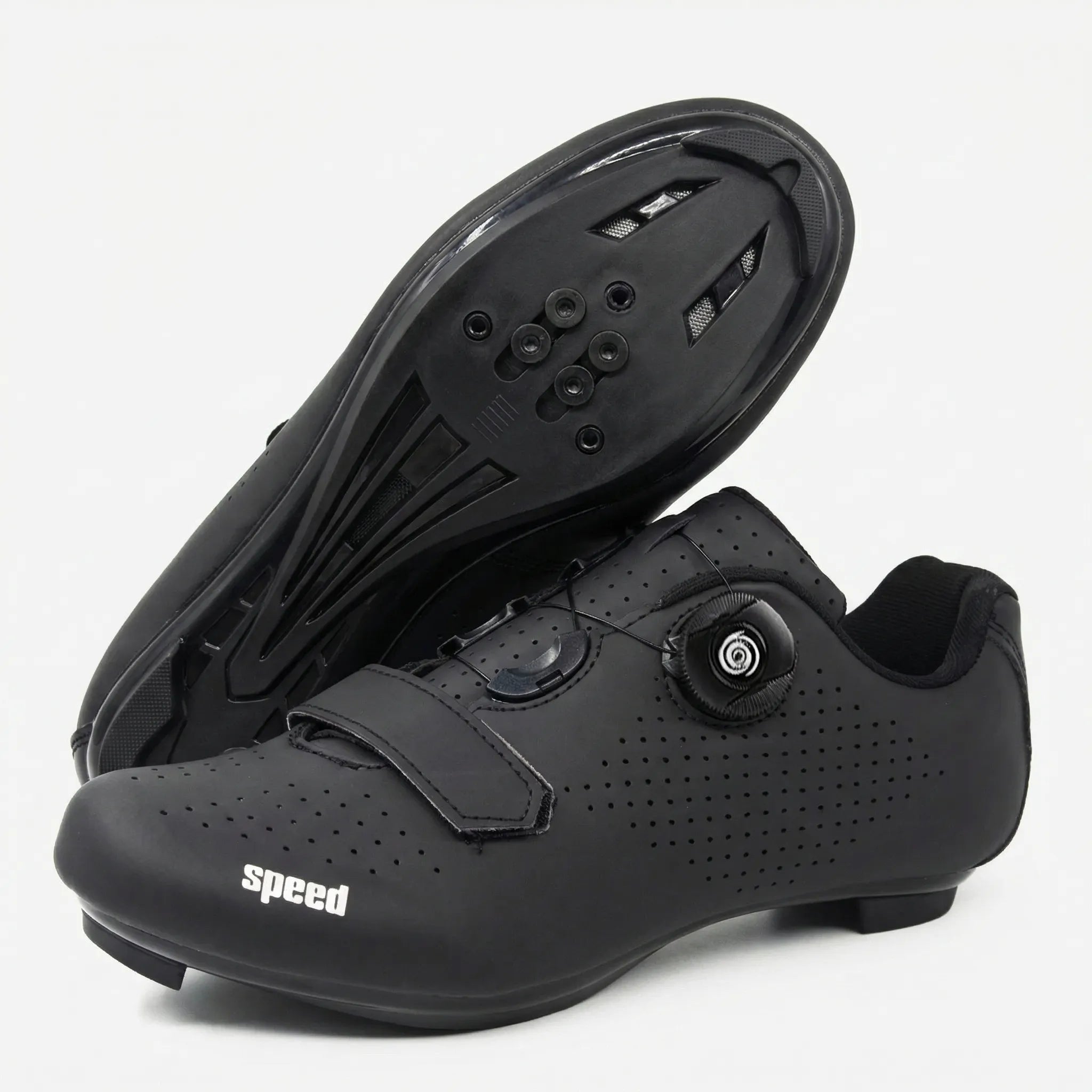Mountain bike cycling shoe with self-locking cleat, rotary dial closure, breathable upper
