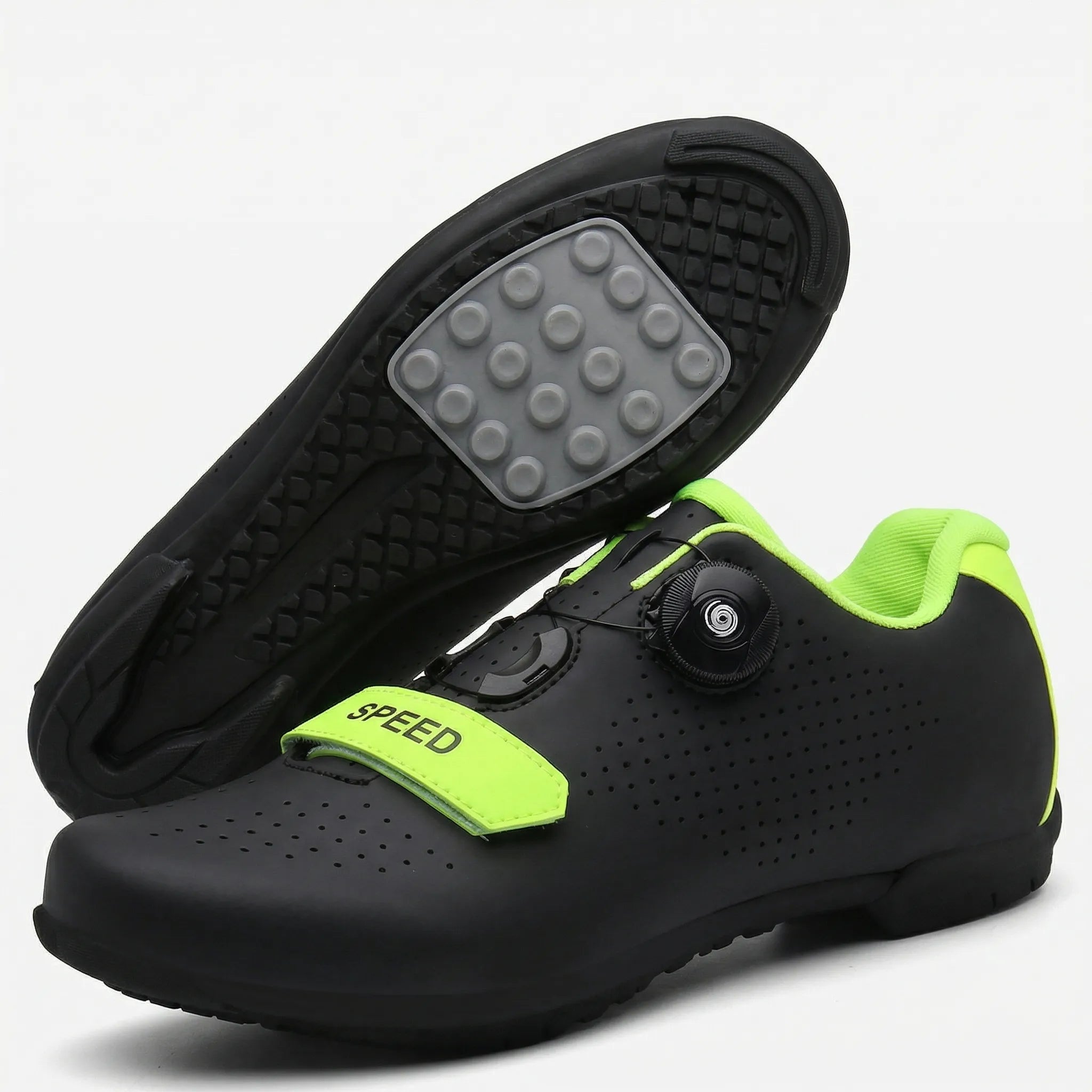 Mountain bike cycling shoe with self-locking cleat, rotary dial closure, breathable upper