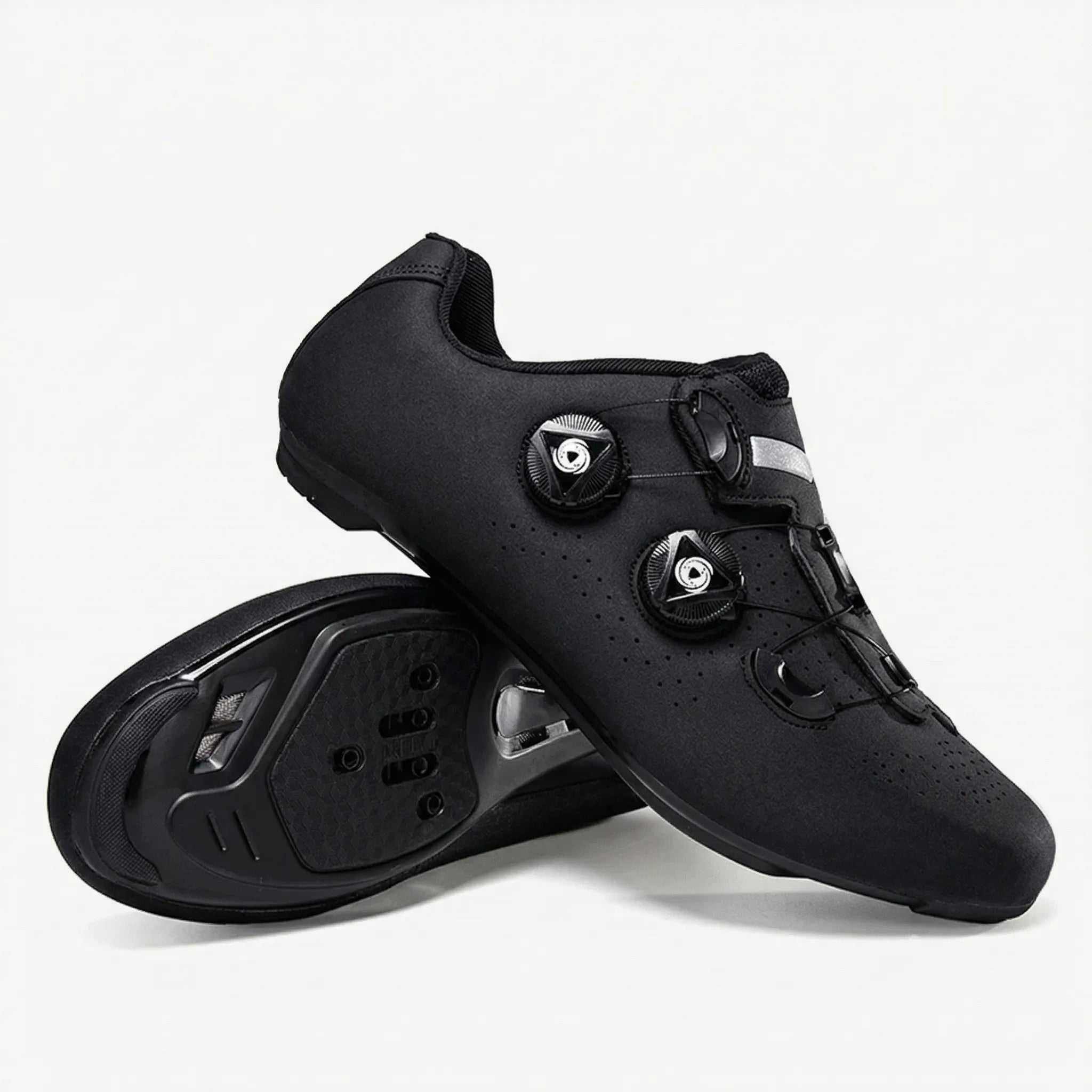 Self-locking cycling shoe with dual dial closure and perforated upper
