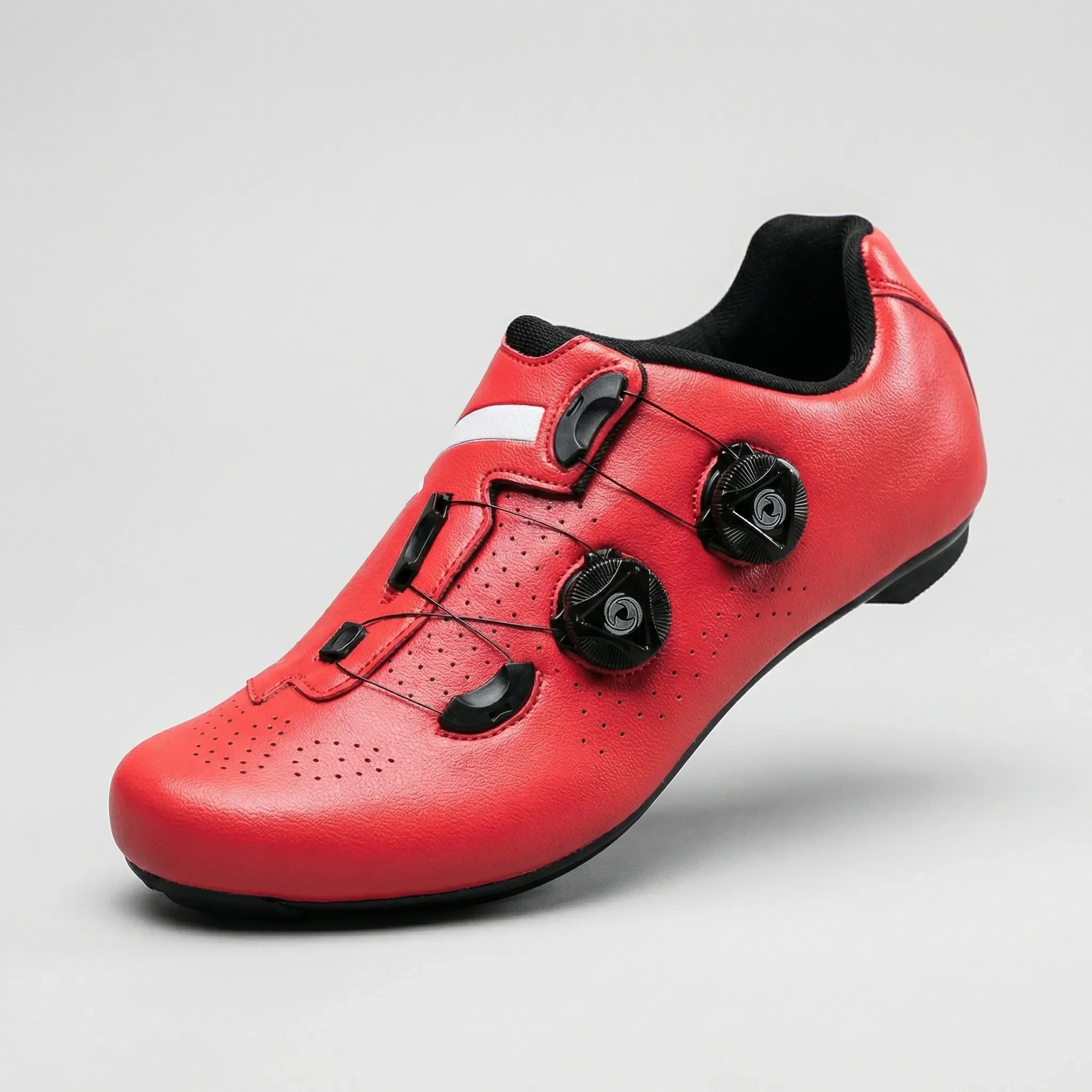 Self-locking cycling shoe with dual dial closure and perforated upper