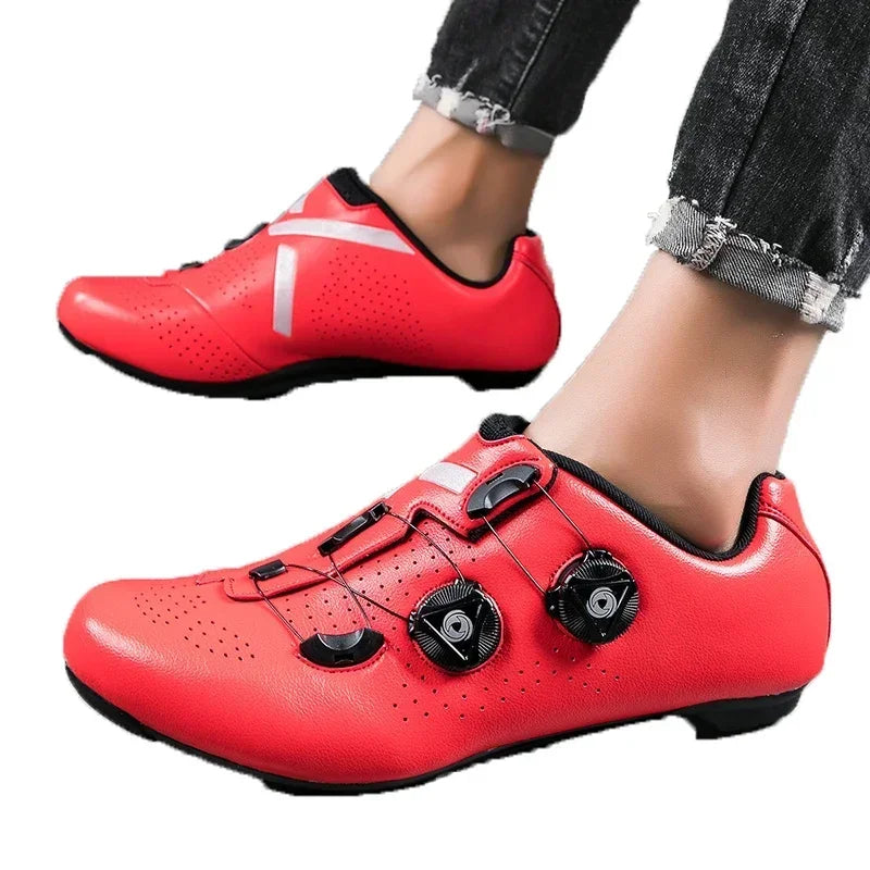 Self-locking cycling shoe with dual dial closure and perforated upper