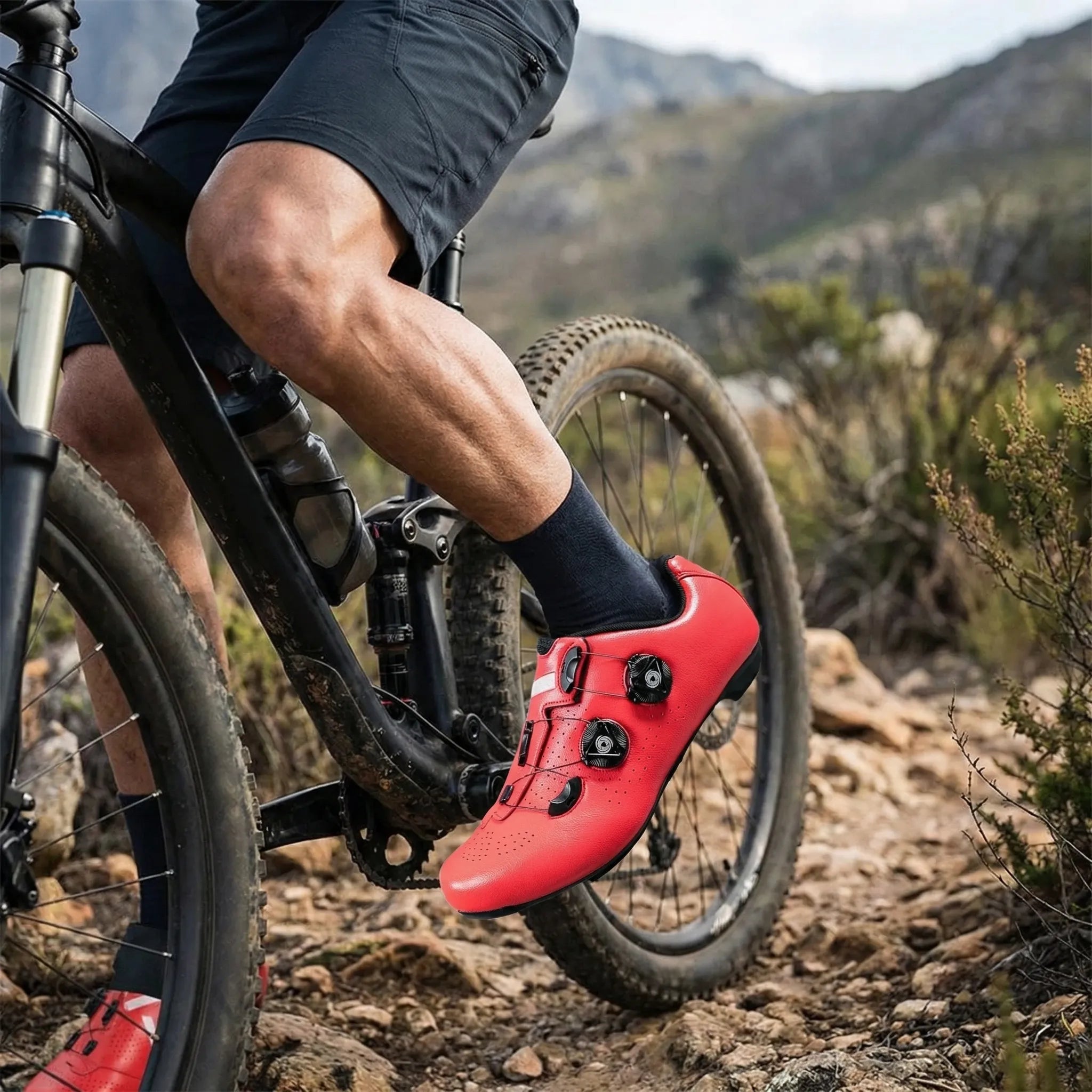 Self-locking cycling shoe with dual dial closure and perforated upper