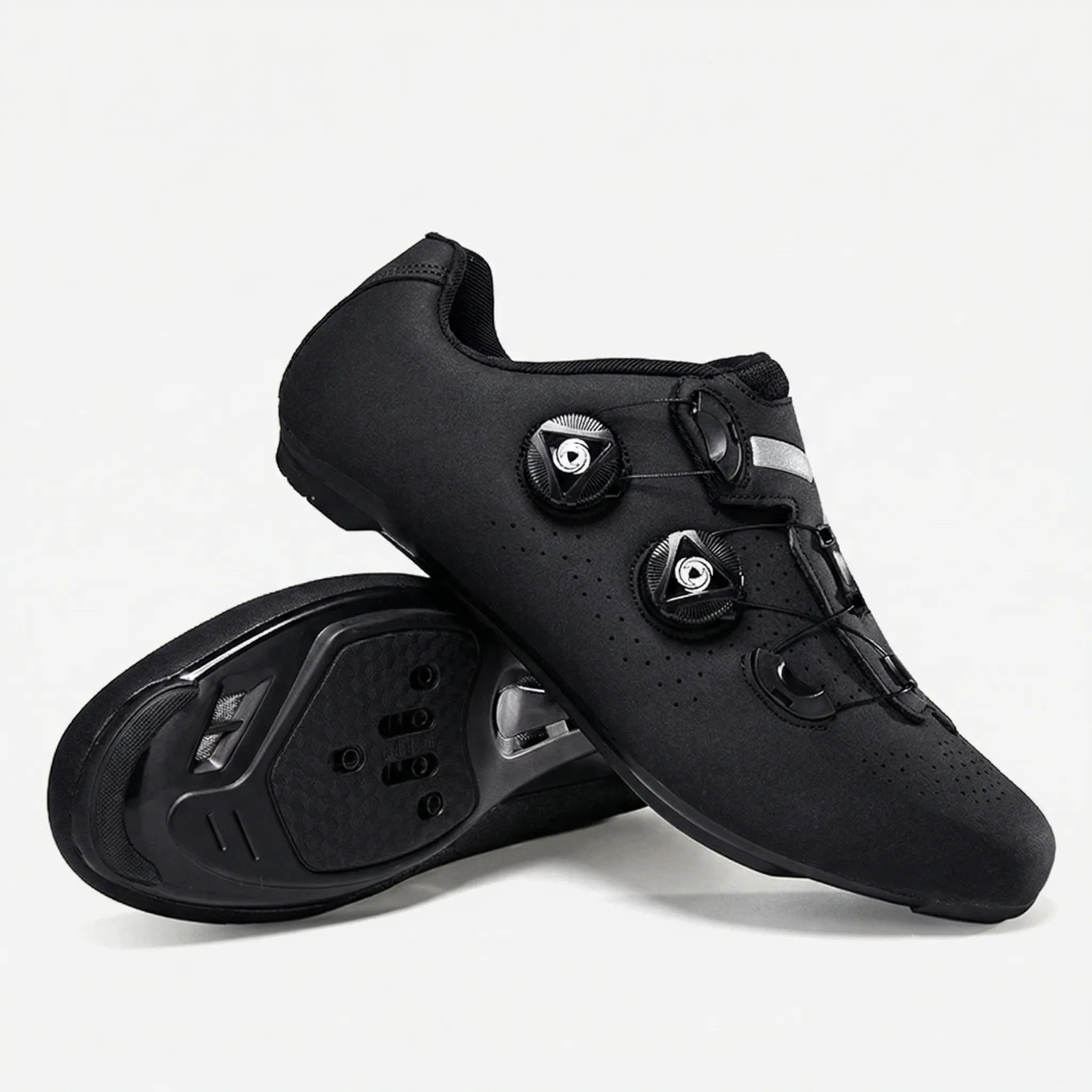 Self-locking cycling shoe with dual dial closure and perforated upper