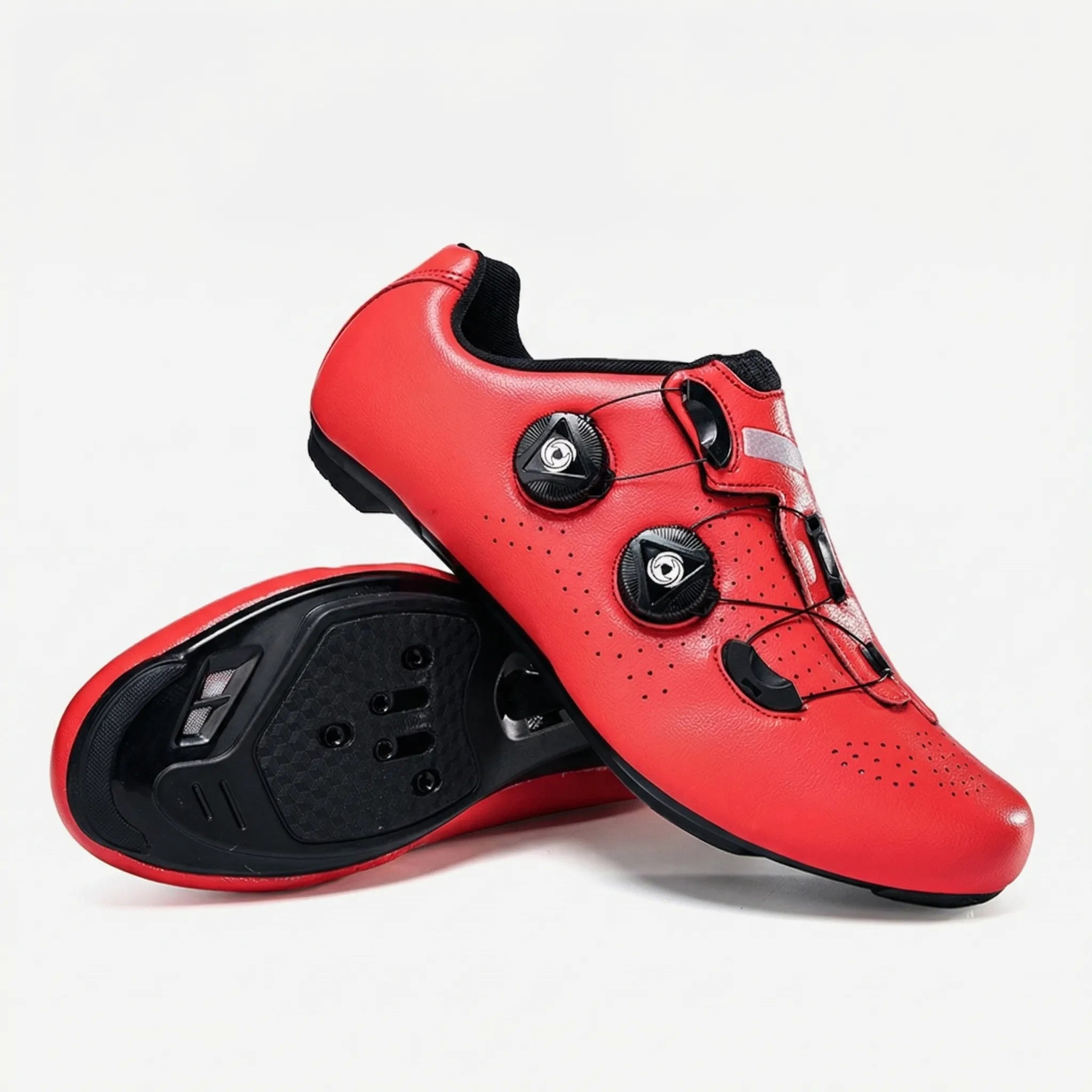 Self-locking cycling shoe with dual dial closure and perforated upper