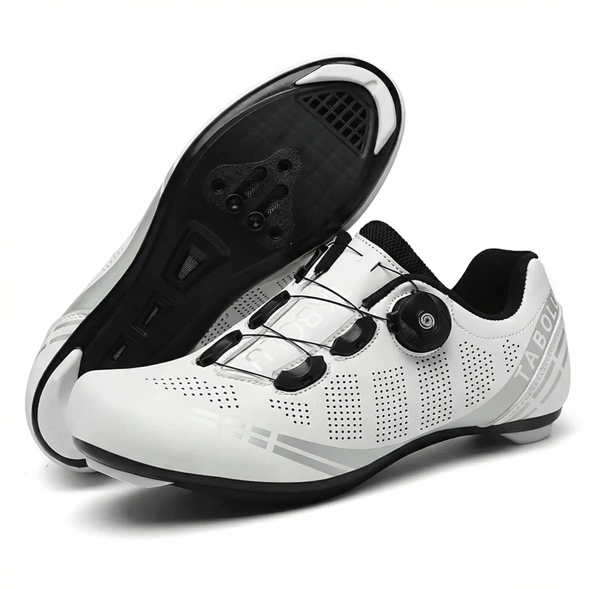 Road cycling shoe with dual rotary dial closure and self-locking cleat sole