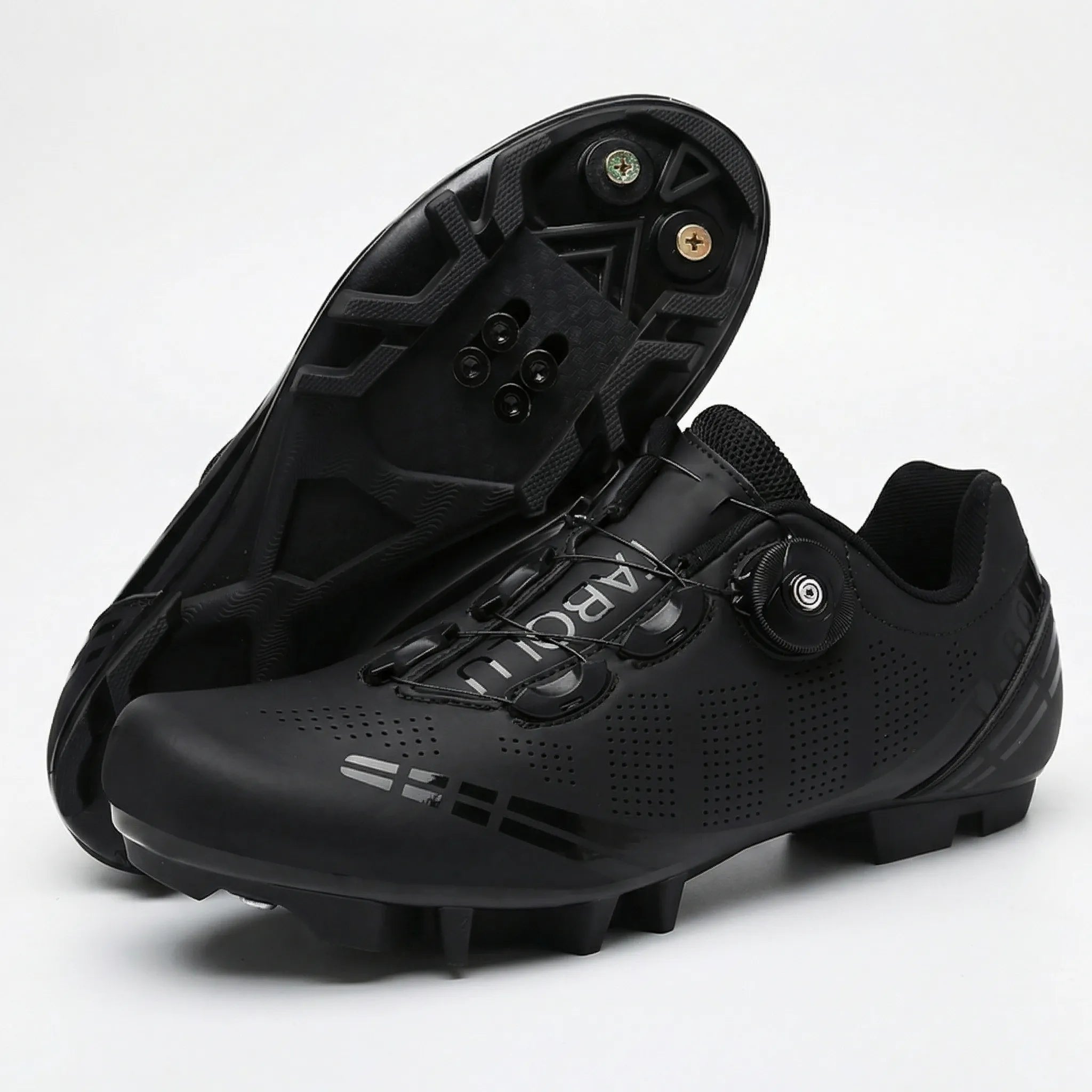 Road cycling shoe with dual rotary dial closure and self-locking cleat sole